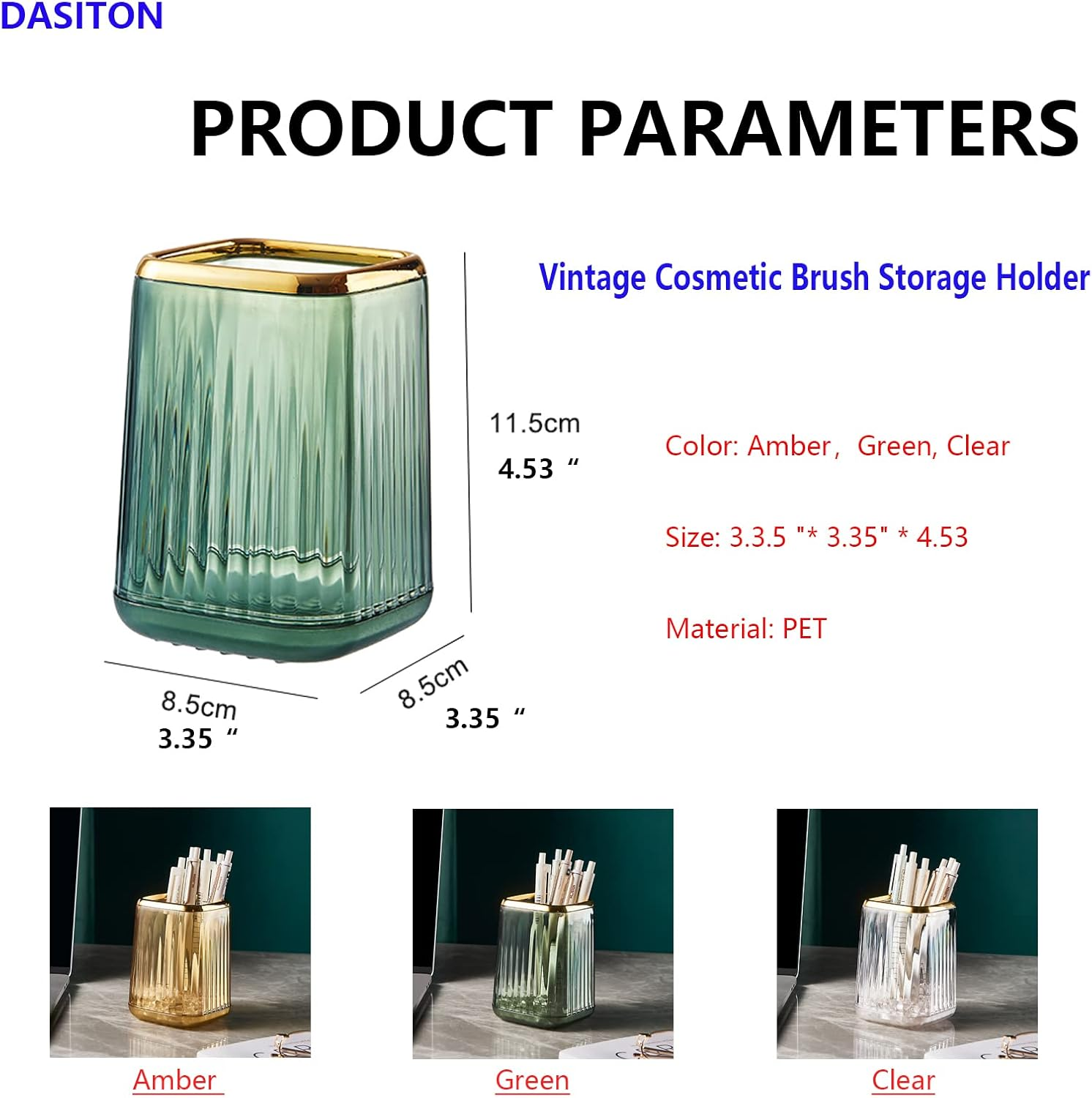 DASITON Makeup Brush Holder Organizer,Plastic Square Cosmetic Brush Storage Holder,Vintage Stripe Makeup Brush Cup Pen Pencil Holder(Amber) - Clear image number 6