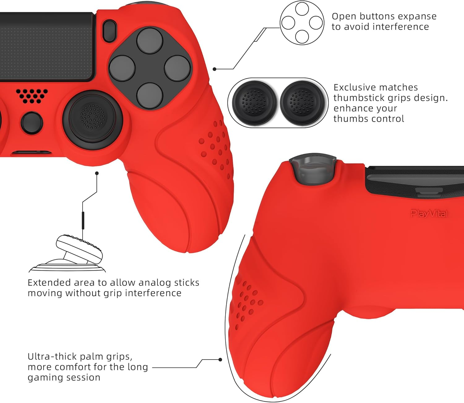 Playvital Guardian Edition Passion Red Ergonomic Soft Anti-Slip Controller Silicone Case Cover for Ps4, Rubber Protector with Black Joystick Caps for Ps4 Slim/For Ps4 Pro Controller image number 3