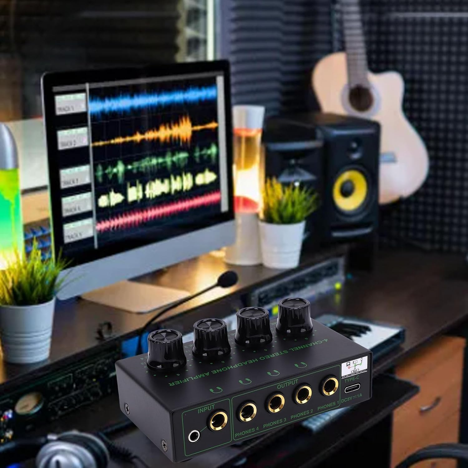 Generic Headphone Amplifier, 4 Channels Metal Stereo Audio Amplifier with Independent Volume Control, Stereo Headphone Amplifier with Knob Volume Adjustment for Studio Stage image number 4