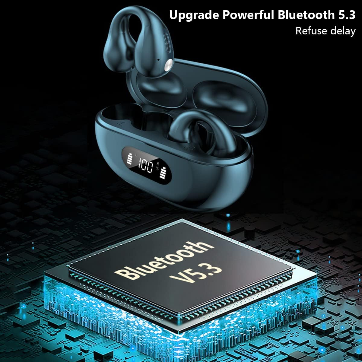 Wireless Ear Clip Bone Conduction Earbuds Open Ear Headphones Bluetooth 5.3, Mini Clip on Sport Earphone Painless Wireless Bluetooth Headset for Running Driving Workout, LED Battery Display Black image number 3