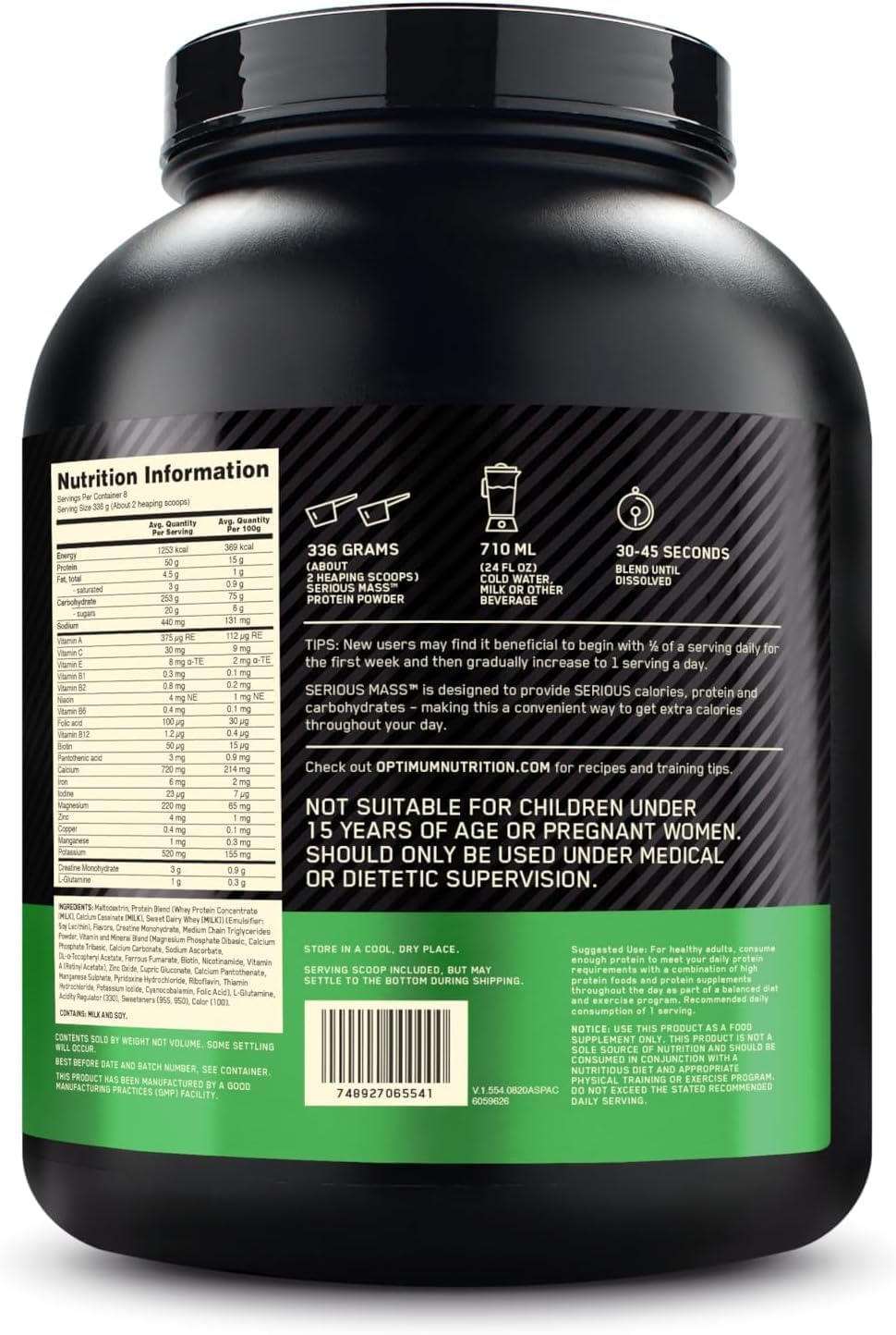 OPTIMUM NUTRITION Serious Mass Protein Powder Gainer, Banana, 2.72Kg - [2024/2025 Plastic Neck Band Packaging May Vary]