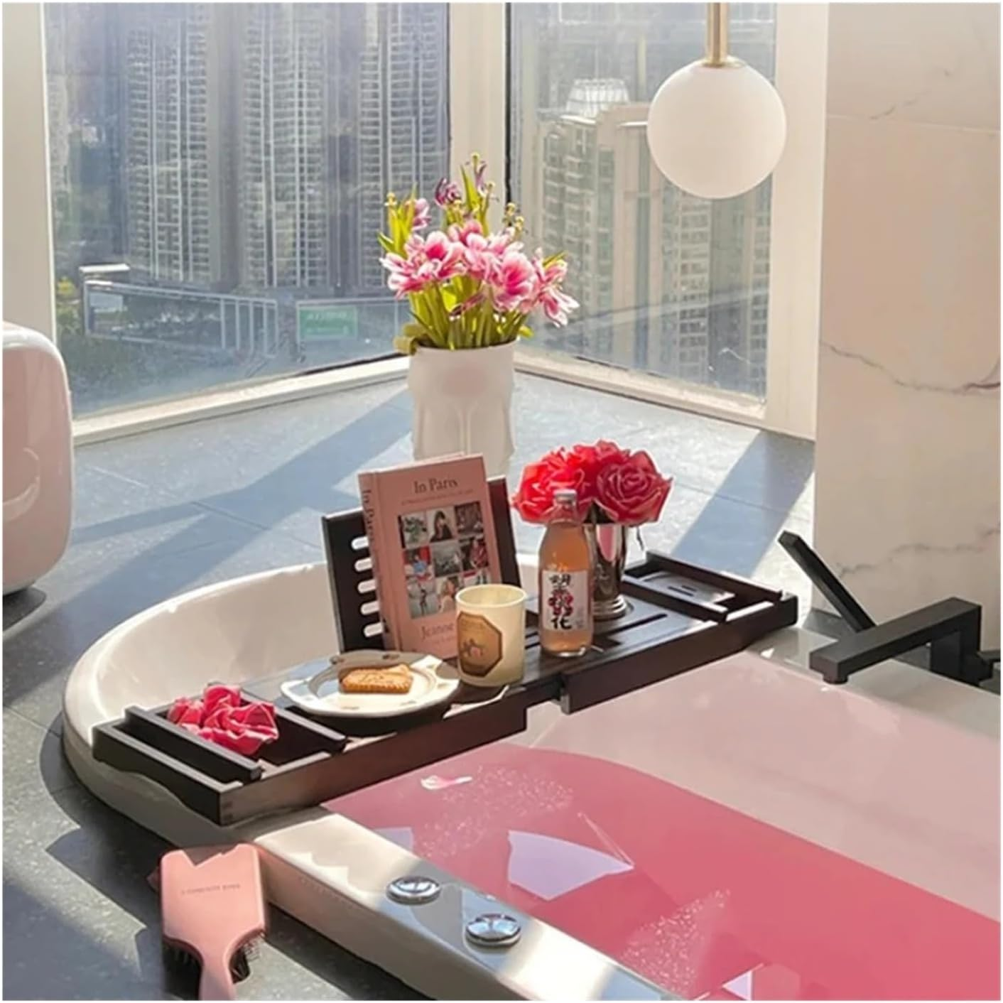 Nordic Extendable Bamboo Bathtub Tray Premium Bath Caddy Organizer with Adjustable Shelf Stylish Spa Storage Board for Hotel(Gray) - Brown image number 2