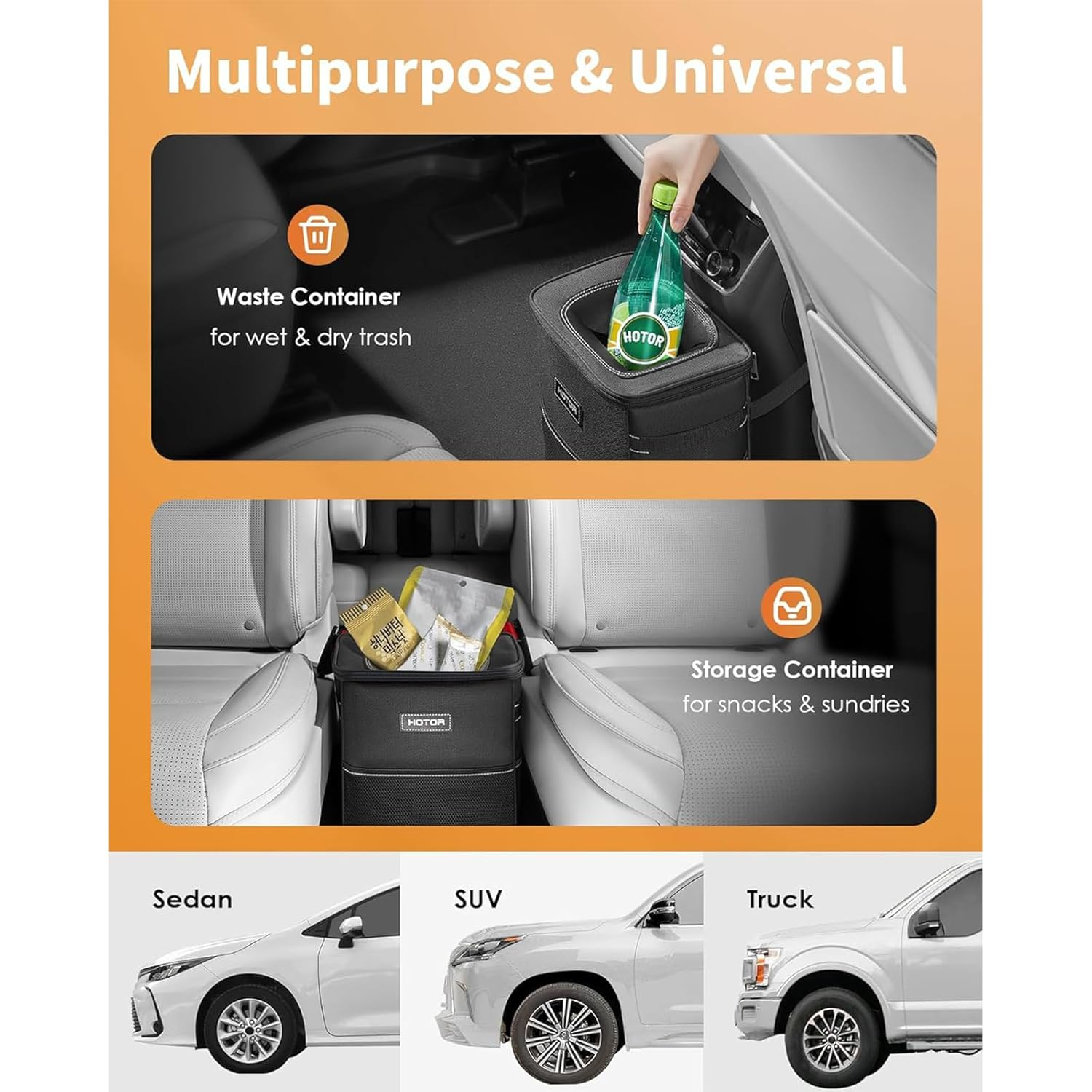 Car Trash Can with Lid & Storage Pockets &ndash;100% Leak-Proof, Waterproof 2-Gallon Multipurpose Car Organizer, Black image number 1