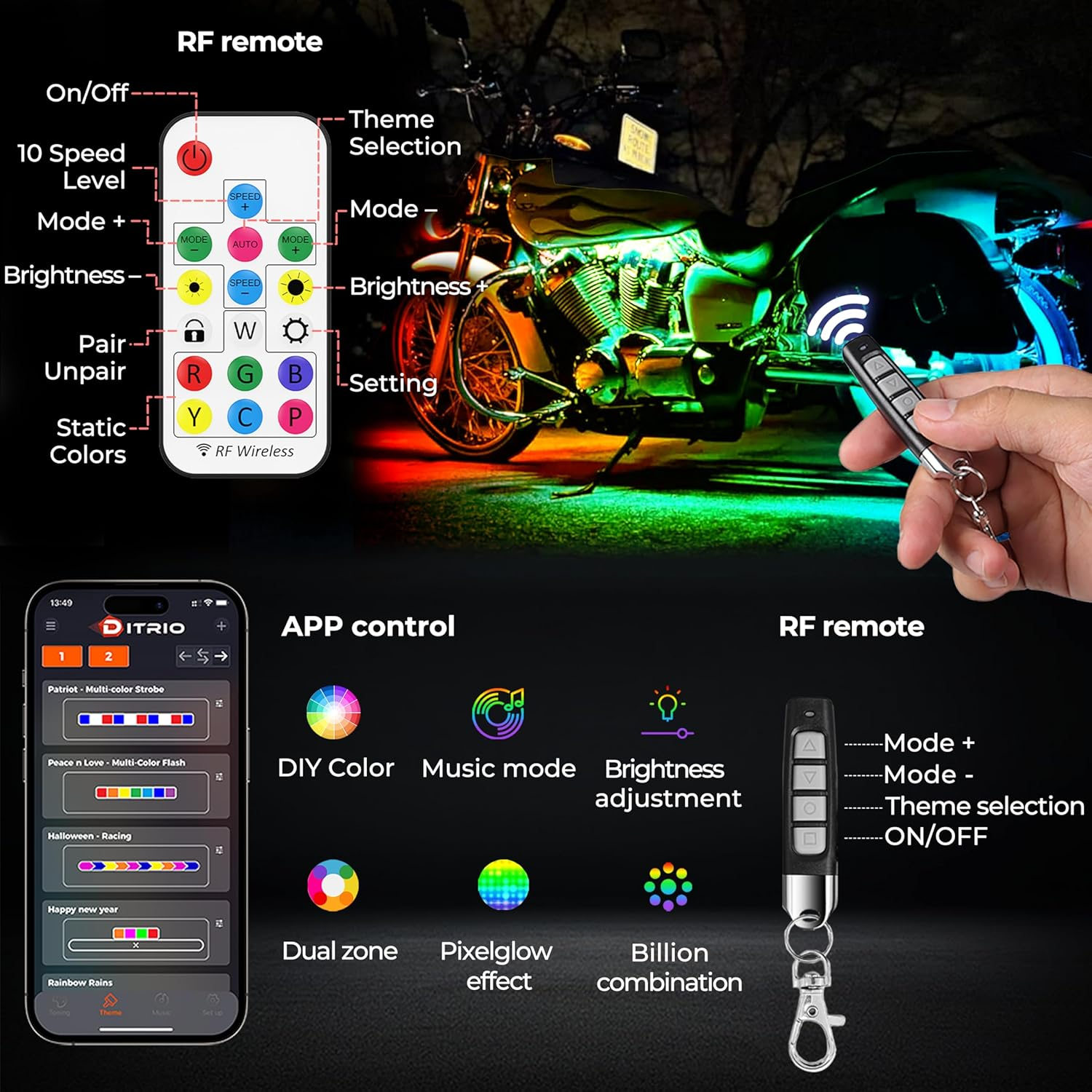 6Pcs Motorcycle Led Underglow Kit with DITRIO APP & 2 RF Remote Control,Motorcycle RGB Lights with Brake Turn Signal, Dual Zone,12V Waterproof Pixelglow Effects for Motorcycles, Golf Carts, Atvs, Utvs image number 4