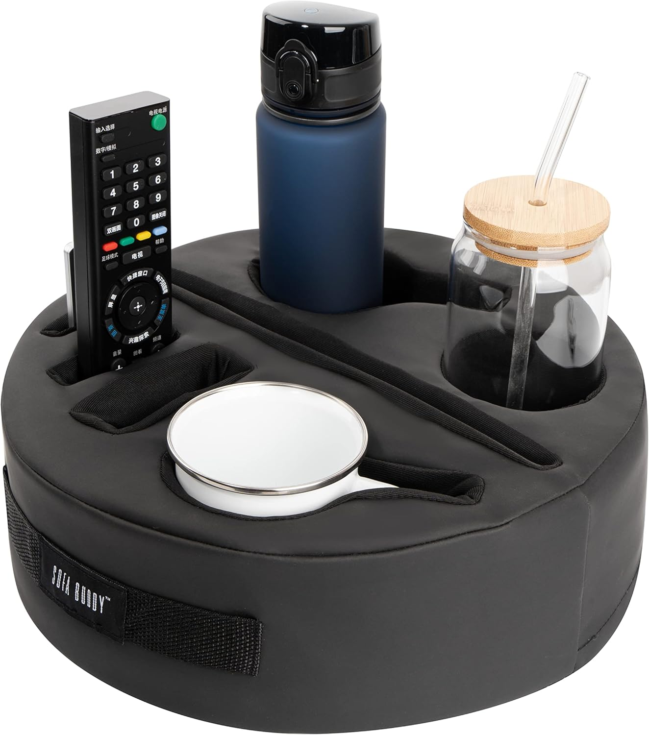 Convenient Couch Cup Holder, Couch Caddy, Sofa Cup Holder. the Perfect Couch Accessory 99D5-Circle-Leather-Black