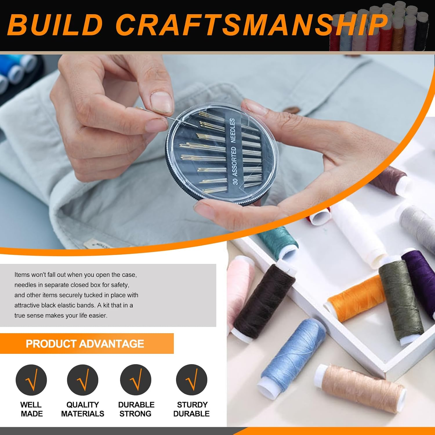 Rustark 98Pcs Sewing Kit with Portable Bag, Premium Sewing Supplies Kit Includes 14 Colors Sewing Threads and Accessories Kit for Home Traveler Emergency Sewing Repair image number 5