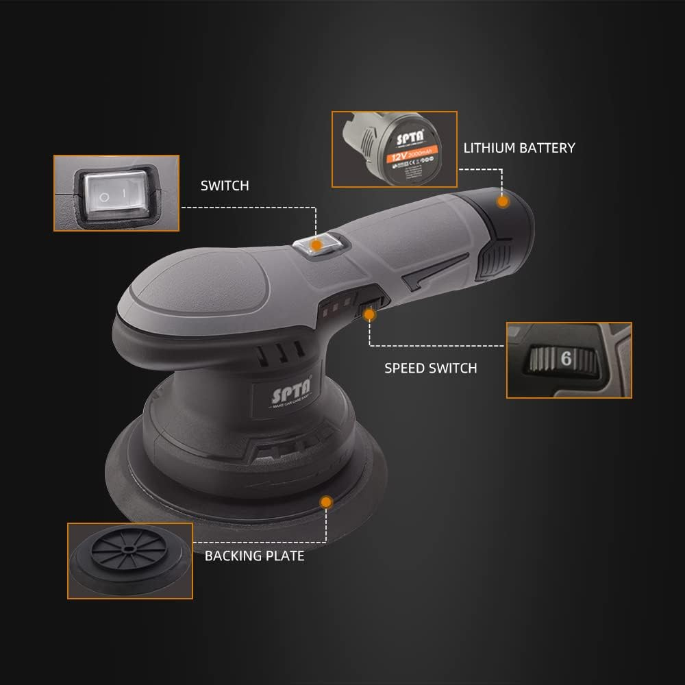 SPTA Battery Wax Machine, 125 Mm, 150 Mm Dual Action Polishing Machine Polisher with 6 Levels, Replaceable Batteries 12 V, 2 X Polishing Hoods, 6 X Polishing Sponge, 6 X Polishing Pads for Waxing