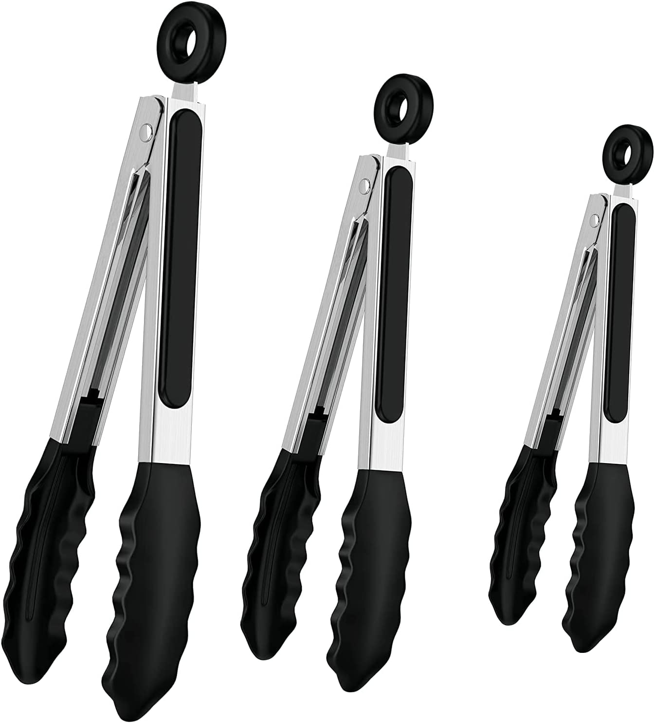 Kitchen Tongs Heat Resistant 480℉ - Set of 3 (7", 9" & 12"), Premium Stainless Steel Locking Cooking Tongs with Silicone Tips - Non-Stick & Non-Slip, Heavy Duty Food Tongs for Cooking, BBQ, Black image number 2