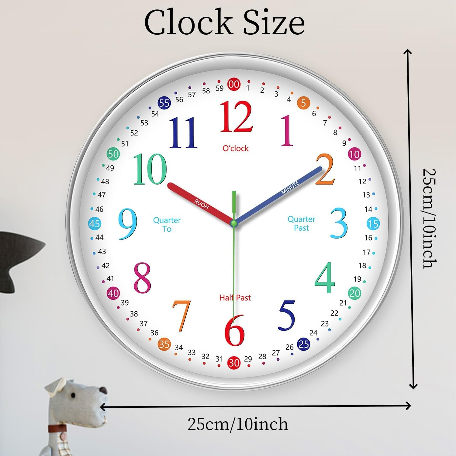 Wigmoa Telling Time Clock - Nonticking Cute Wall Watch Clock - Silent Analog Clock for Room- BA-3 (E Type, 10 Inch) image number 1