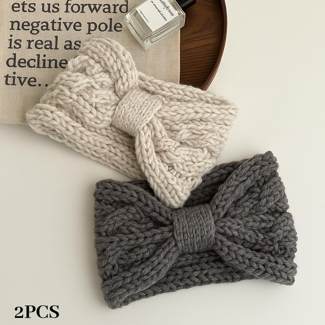 Pack of 2 Women'S Winter Headband Children Girls Headband Women'S Winter Knitted Autumn and Winter Versatile Hair Band, Elastic Thick Headwrap Headband, Beige, Grey image number 4