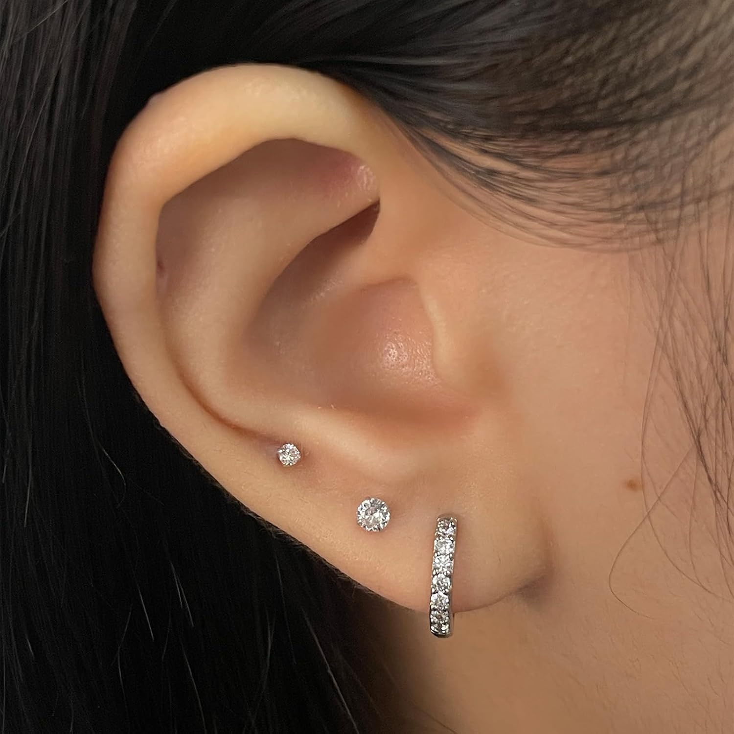 3 Pairs Sterling Silver Small Hoop Earrings Tiny Cartilage Earring Cubic Zirconia Cuff Huggie Earrings Mini Hoops Earrings Piercing for Women Girls - 5 Hoop-8/10/12Mm And Stud-2/3/4Mm image number 7