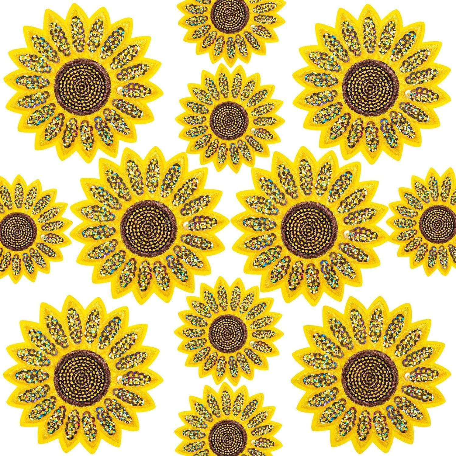 12 Pcs Sunflower Embroidered Iron on Patches, 2 Sizes Sunflower Sew Repair Embroidery Applique Patch for Jeans Clothing Hats Bags Arts Crafts image number 3