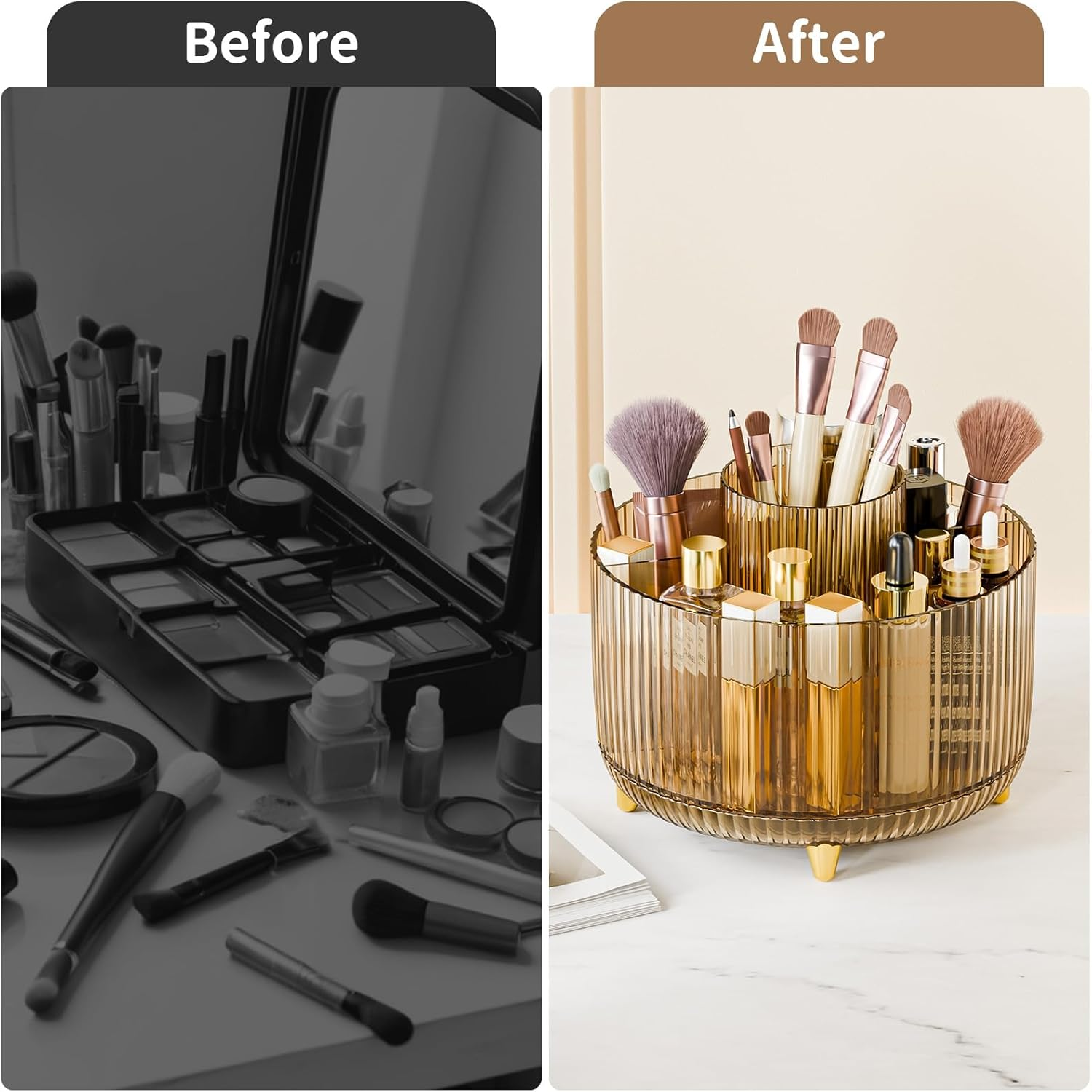 Fanado 360&deg; Rotating Makeup Organizers Countertop, 5 Slot Makeup Brush Holder Organizer for Cosmetics, Skincare Storage Beauty Holder for Eyeliner Lipstick on Bathroom Vanity(Clear Amber) - Clear Amber image number 2