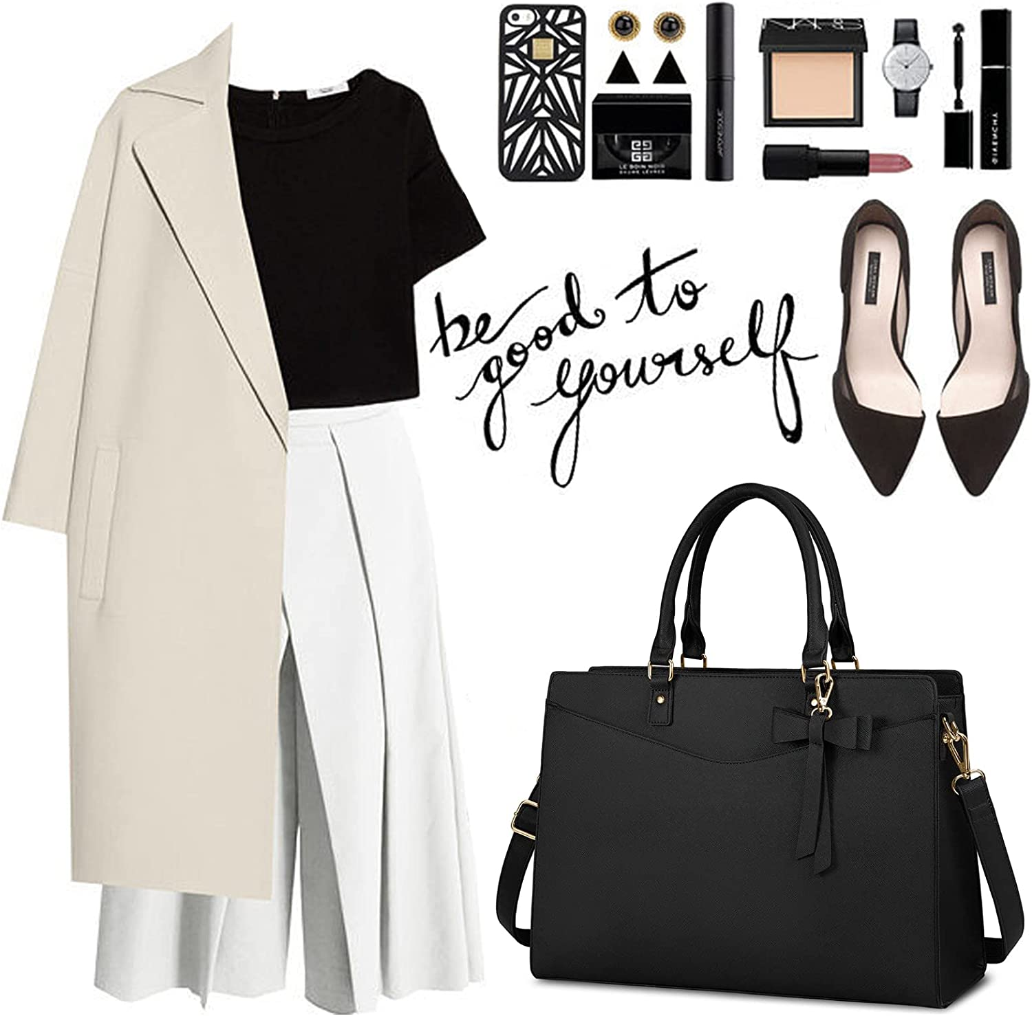 IGOLUMON Laptop Bag for Women 15.6 Inch PU Tote Bag Business Office Work Bag Waterproof Briefcase Computer Tote Lightweight Handbag Shoulder, Black image number 5