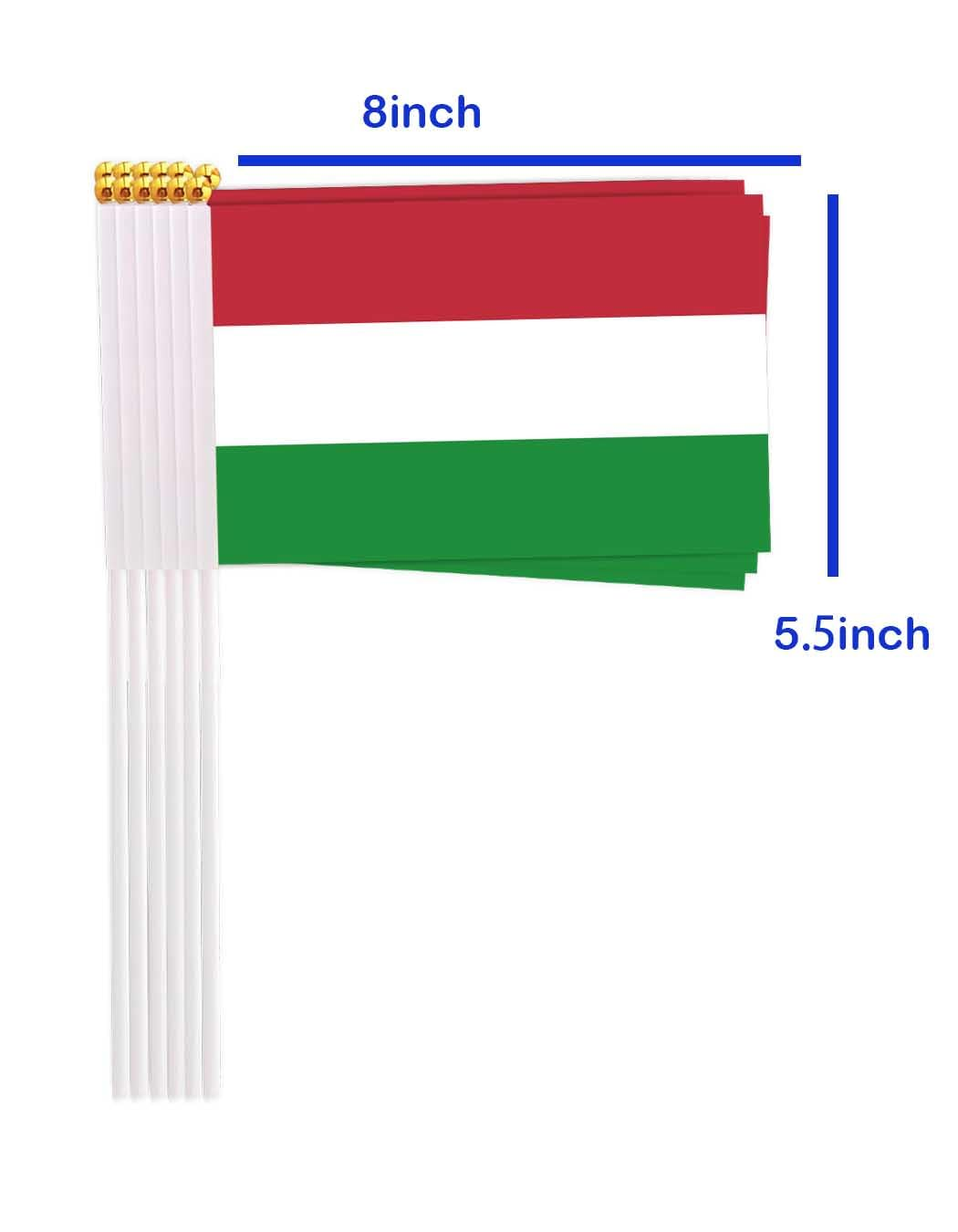 25 Packs Small Hungary Flags on Handheld Stick，Miniature Hungarian Flag for Outside,4X6 Inch Mini Hand Held Banner with Golden Topper,Patriotic Decorations image number 1