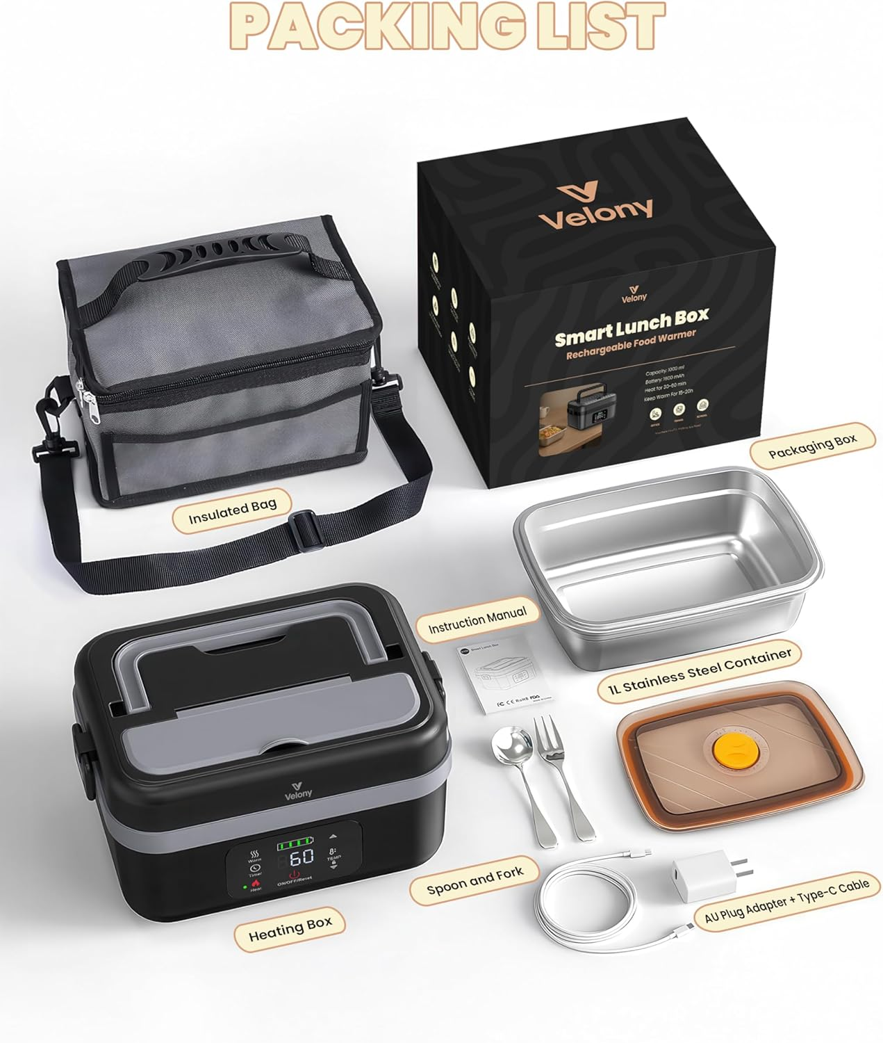 Velony Cordless Electric Lunch Box 16000Mah, Rechargeable Portable Food Warmer with Timer, 1L Stainless Steel Container & Insulated Bag - Perfect for Work, Tradies, Car, and Outdoor image number 2