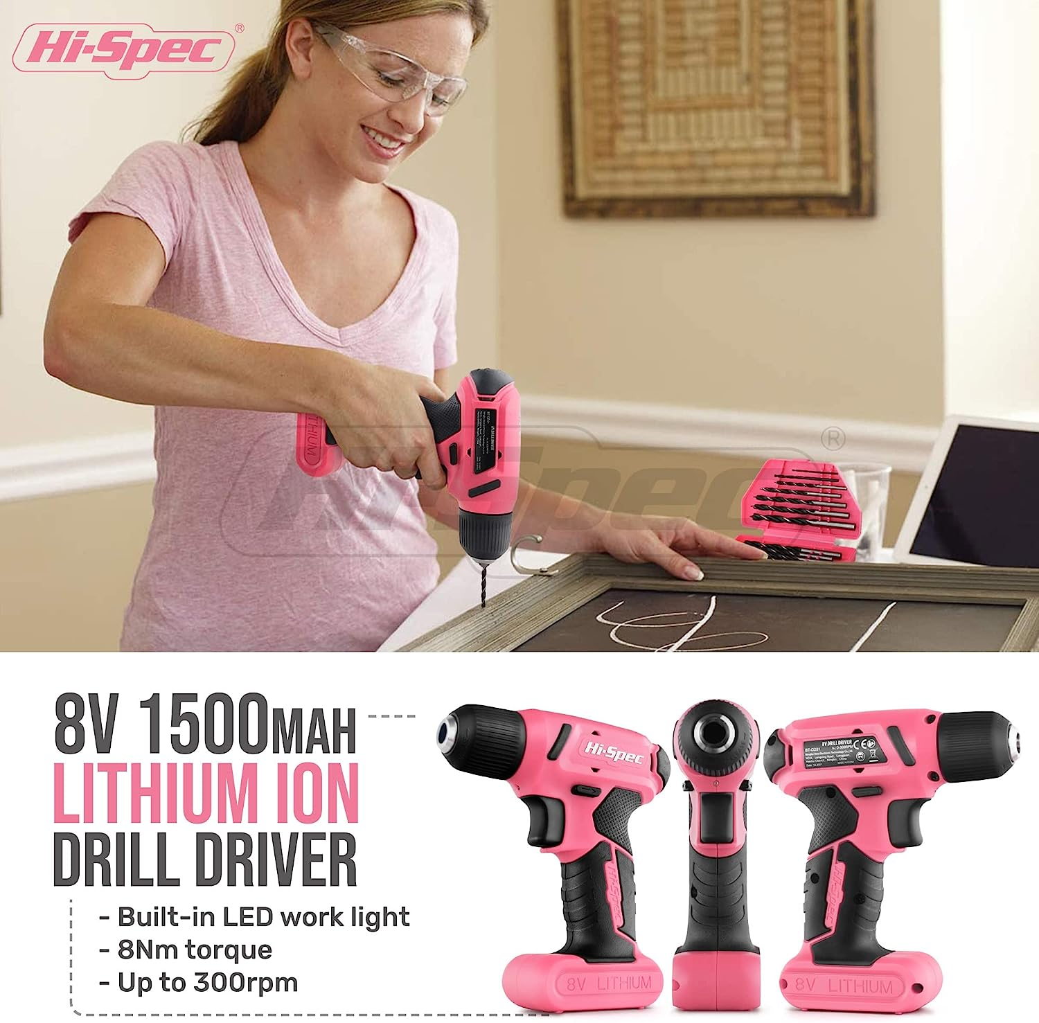 Hi-Spec 57Pc Pink 8V USB Electric Drill Driver & Household Tool Kit Set with Variable Speed DIY Cordless Power Screwdriver