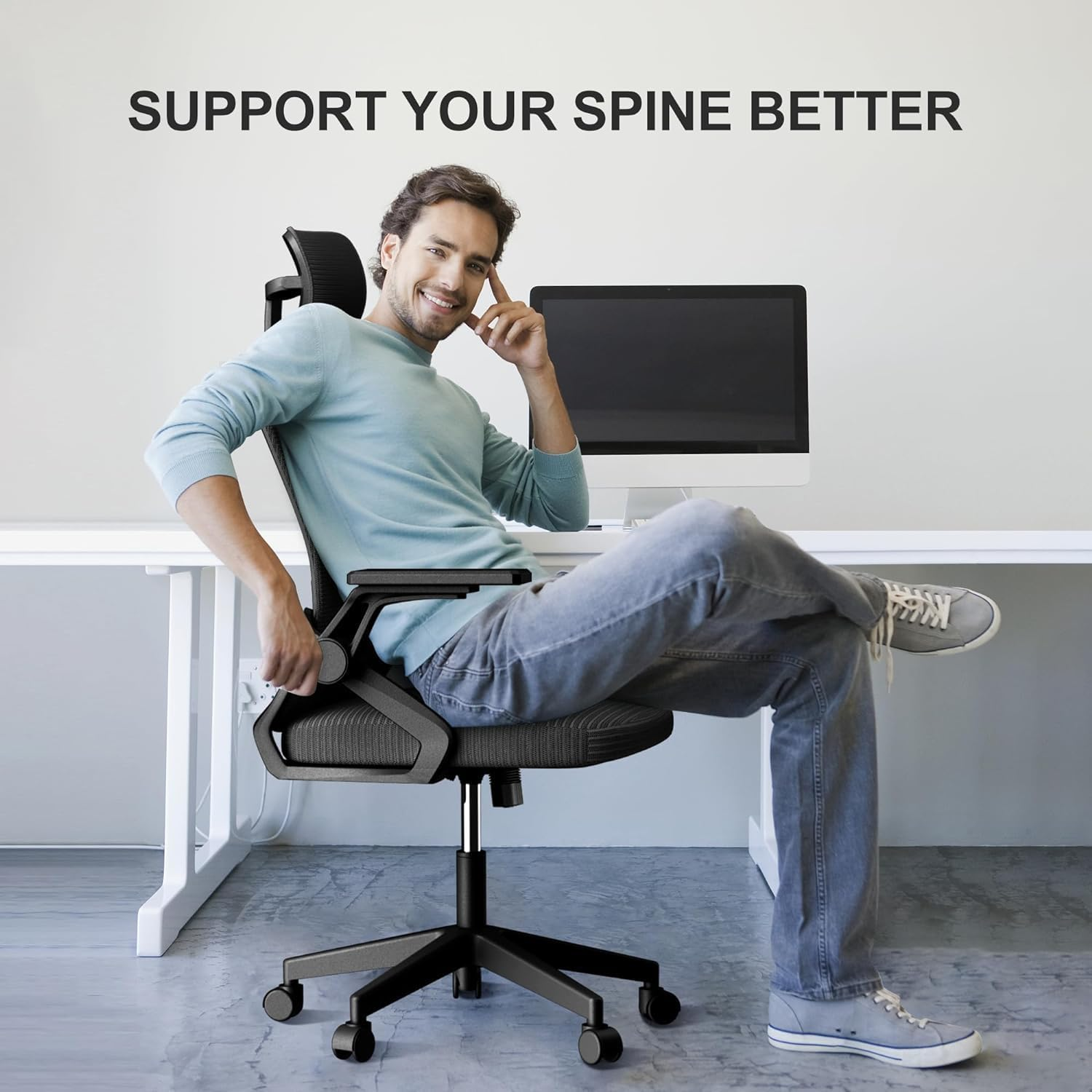 Ergonomic Office Chair, Comfy Swivel Mesh Chair Movable Cushion Lumbar Support Adjustable Armrests & Height Adjustment Desk Chair (Black) image number 3