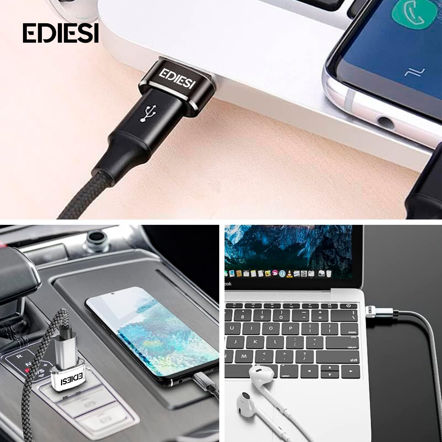 EDIESI, USB C Adapter Pack 3 Fast Charging and Data Sync Compatible with Iphone 15/14/13, Ipad, Galaxy, Carplay, Airpods (Black) image number 5