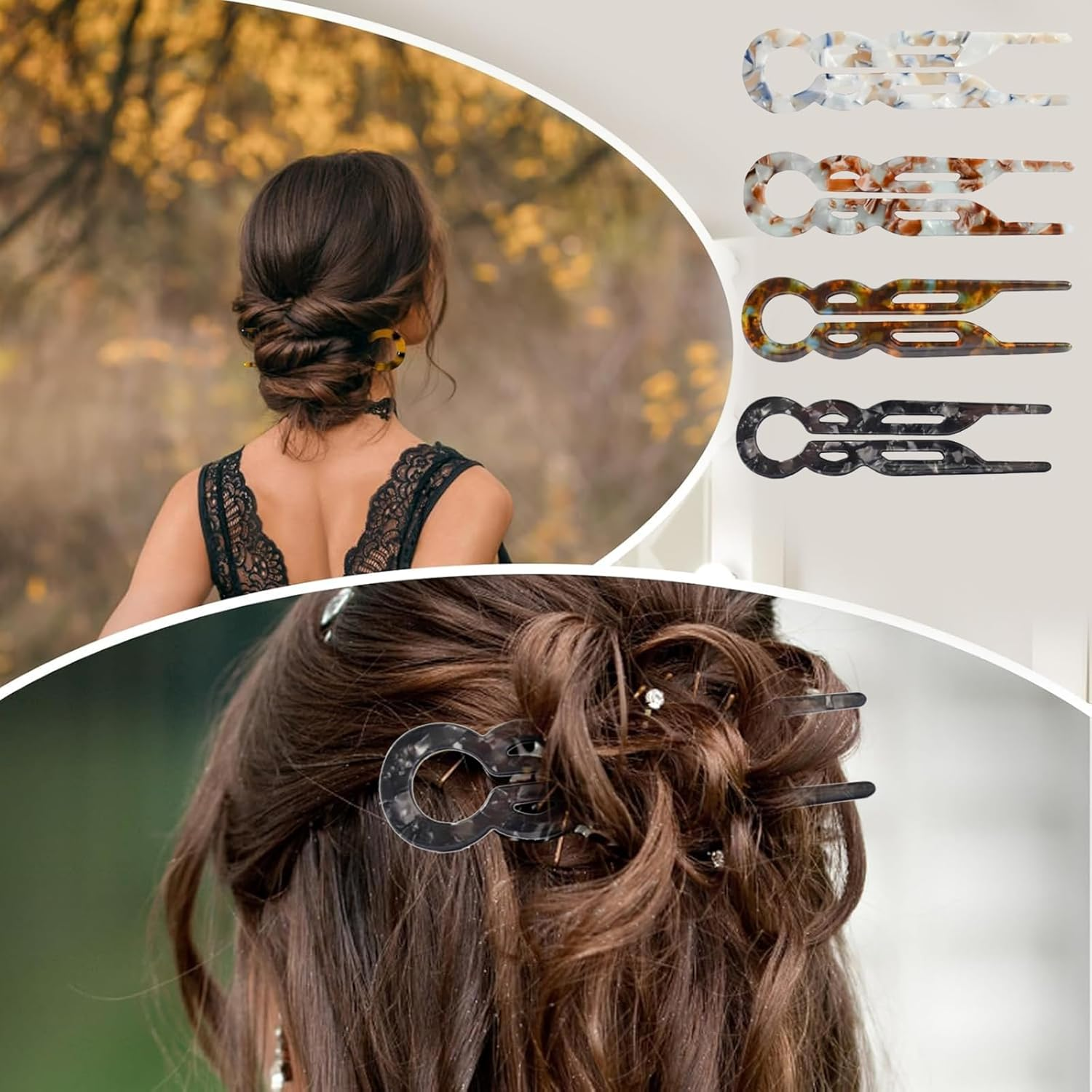 4 PCS French Hair Pins, Long Elegant Hair Clips for Women, Hair Accessories for Women, Spiral Hair Pins for Thin Thick Fine Long Hair, Stylish Hairpins in Marble, Vintage Green, Black Floral, Brown