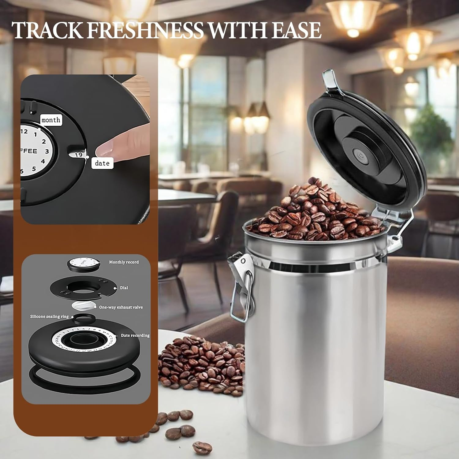 Airtight Coffee Beans Canister, 1.8L Stainless Steel Container, Airtight Stainless Steel Food Storage Container with Date Tracker and Scoop for Grounds Coffee,Beans,Tea,Flour, Cereal,Sugar (Silvery)