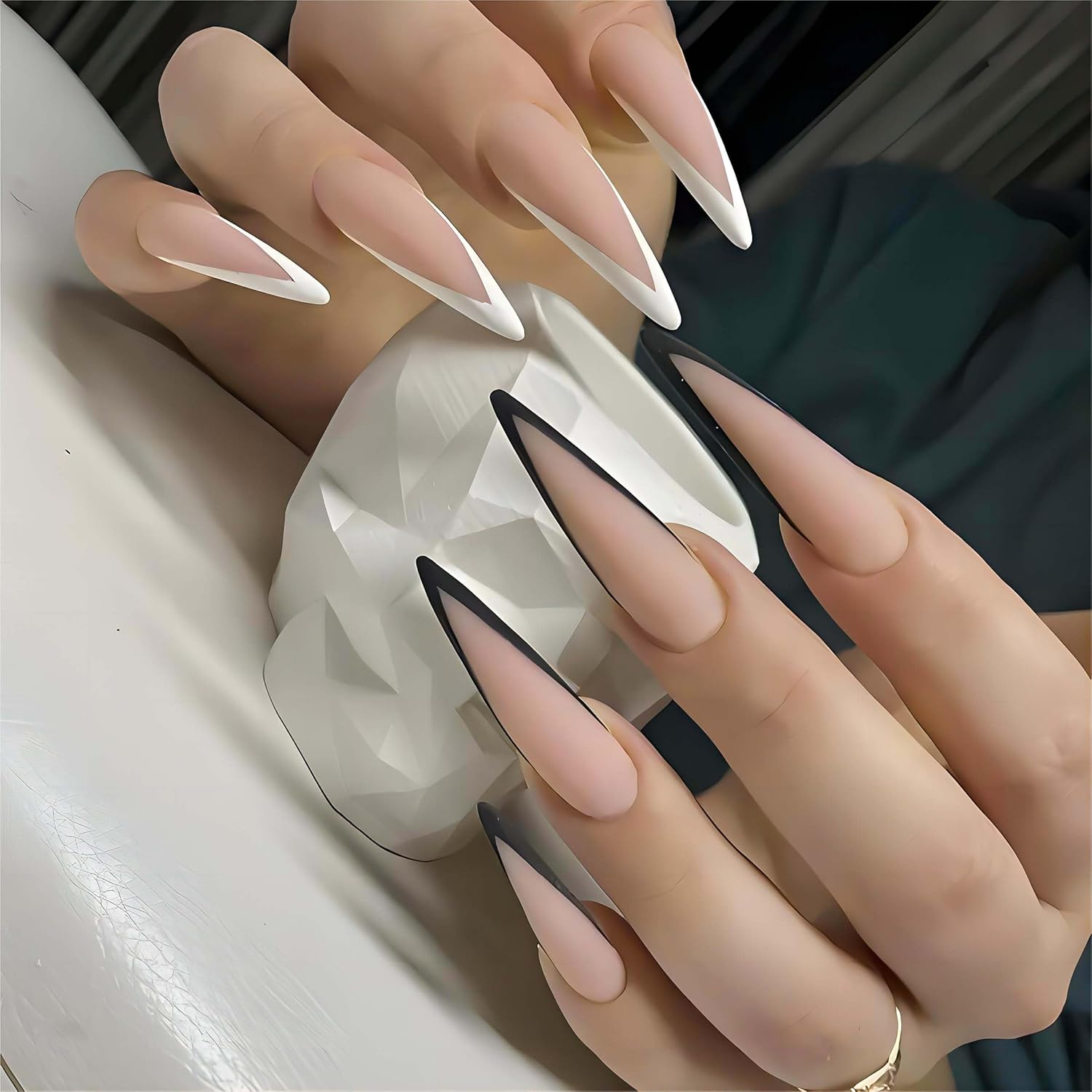 French Tip Press on Nails Long Almond Fake Nails Black and White Double Spell Acrylic False Nails Nude Full Cover Artificial Nails Press Ons Stiletto Stick on Nails for Women Art Decoration 24Pcs
