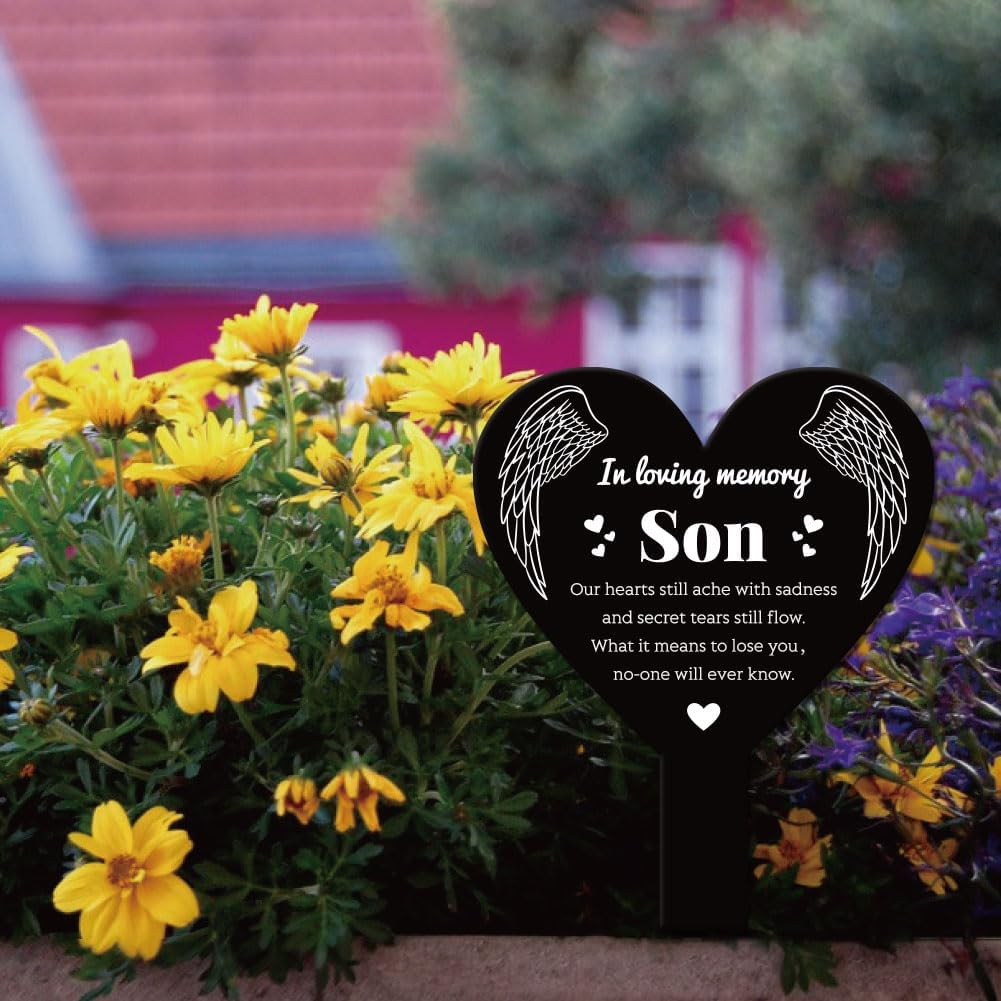 GLOBLELAND Heart Son Garden Stake Memorial Remembrance Plaque Stake for Cemetery Acrylic Grave Stake Waterproof Sympathy Garden Stake for Yard Grave Cemetery (Son) image number 6