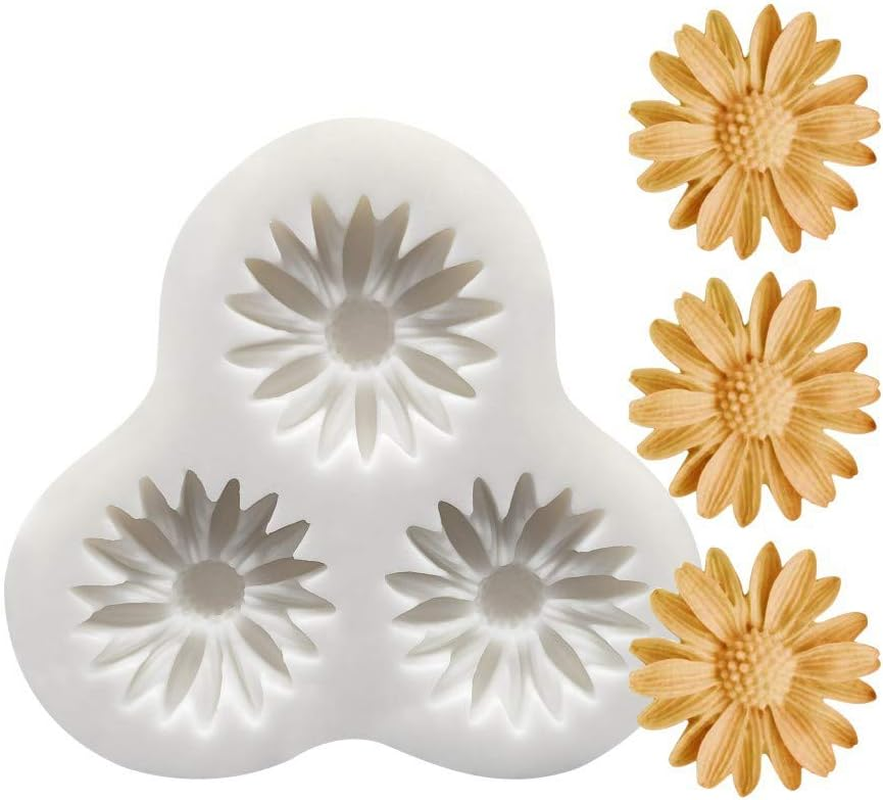 Premium Daisy Chrysanthemum Flower Silicone Fondant Molds for Chocolate Cookies Cupcake Cake Candy Moulds 3 Cavities Baby Shower, White
