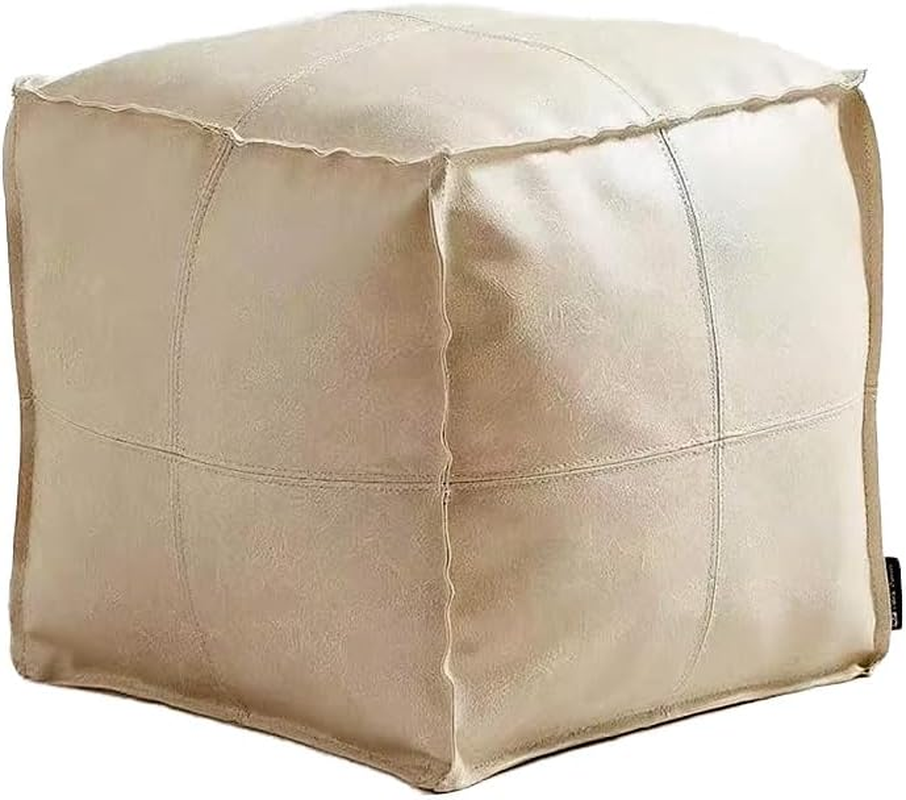 Betterlifewj Unstuffed Pouf Footstool Cover Handmade Faux PU Leather Moroccan Footrest Cover for Living Room Storage Clothes Blancket Balcony Office Outdoor Square Beige image number 2
