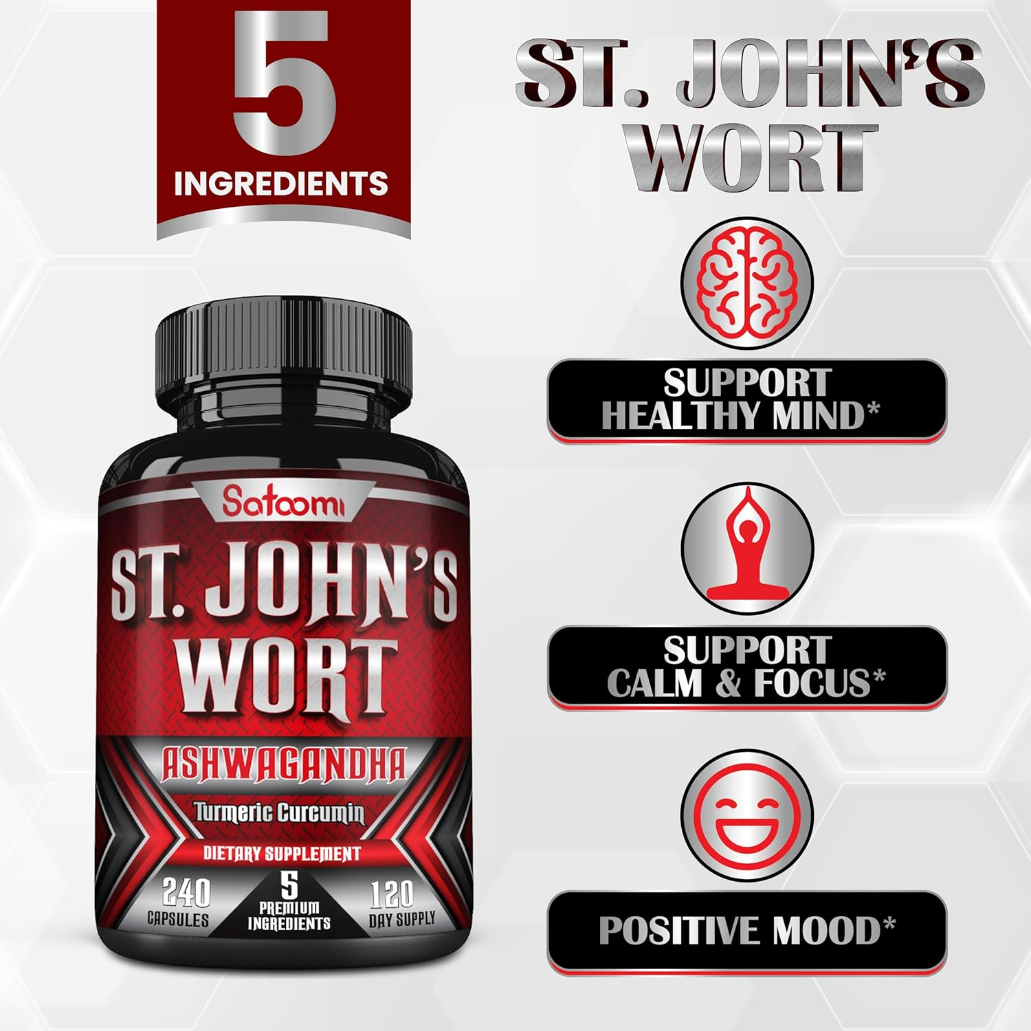 SATOOMI St. John'S Wort Capsules Extract - 5 Herbs with Ashwagandha, Turmeric & Black Pepper - 240 Vegan Caps for 4 Months - Non-Gmo, Gluten Free image number 6
