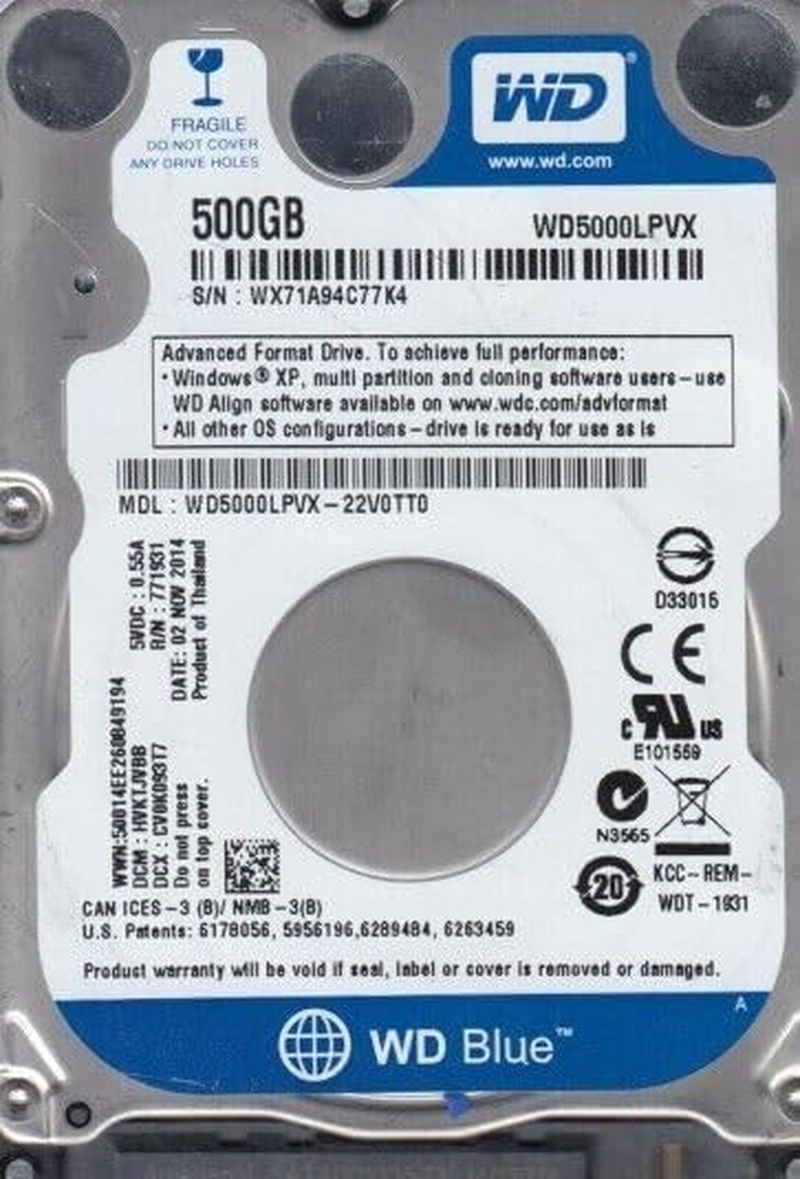 Used Western Digital WD5000LPVX-22V0TT0-500GB 5.4K RPM SATA 7Mm 2.5" HDD (Renewed)