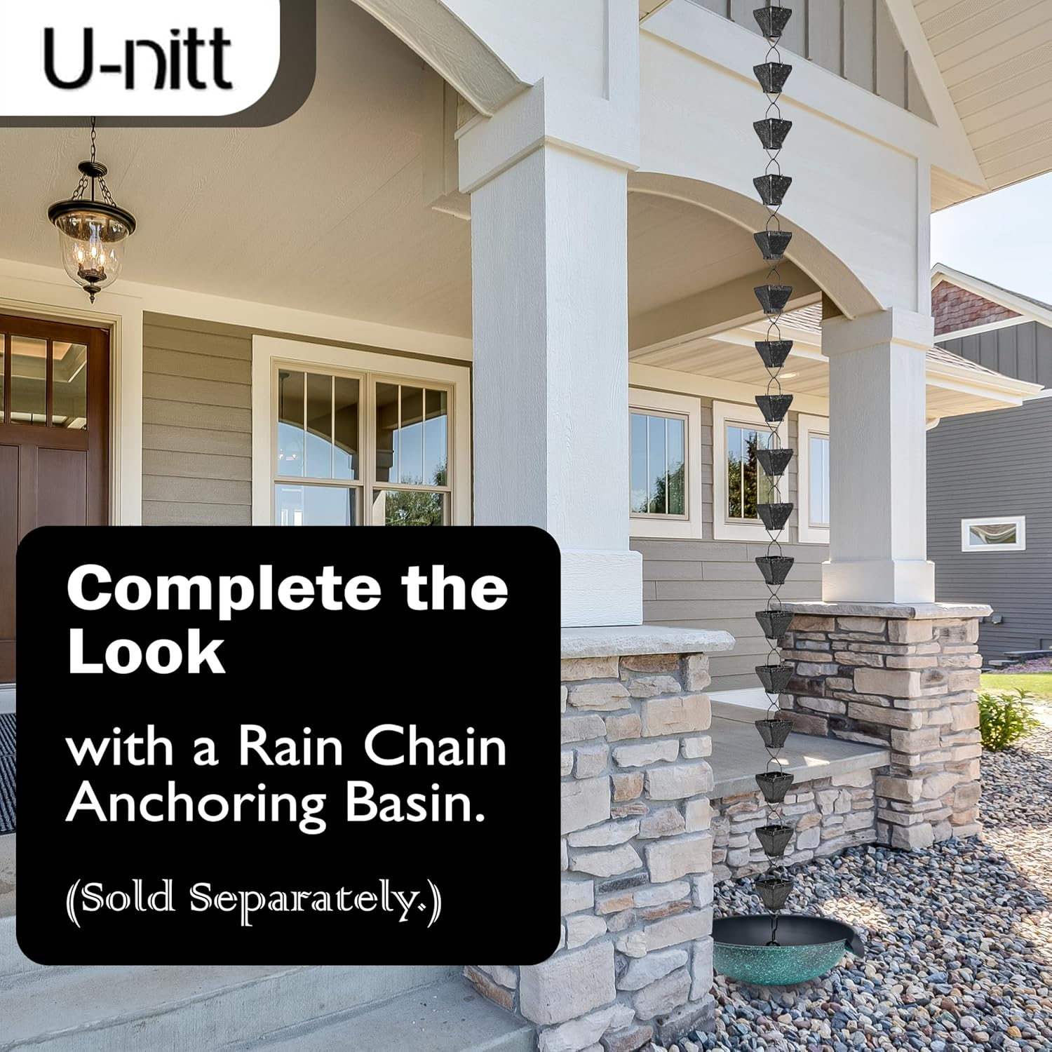 U-Nitt Rain Chain Water Collection for Gutters, Rainwater Catcher & Diverter, 8.5 FT Chains for outside Garden, Black Square Cups, Roof Downspout, Works with Heavy Rain, W/Gutter Clip for Rainchains image number 4