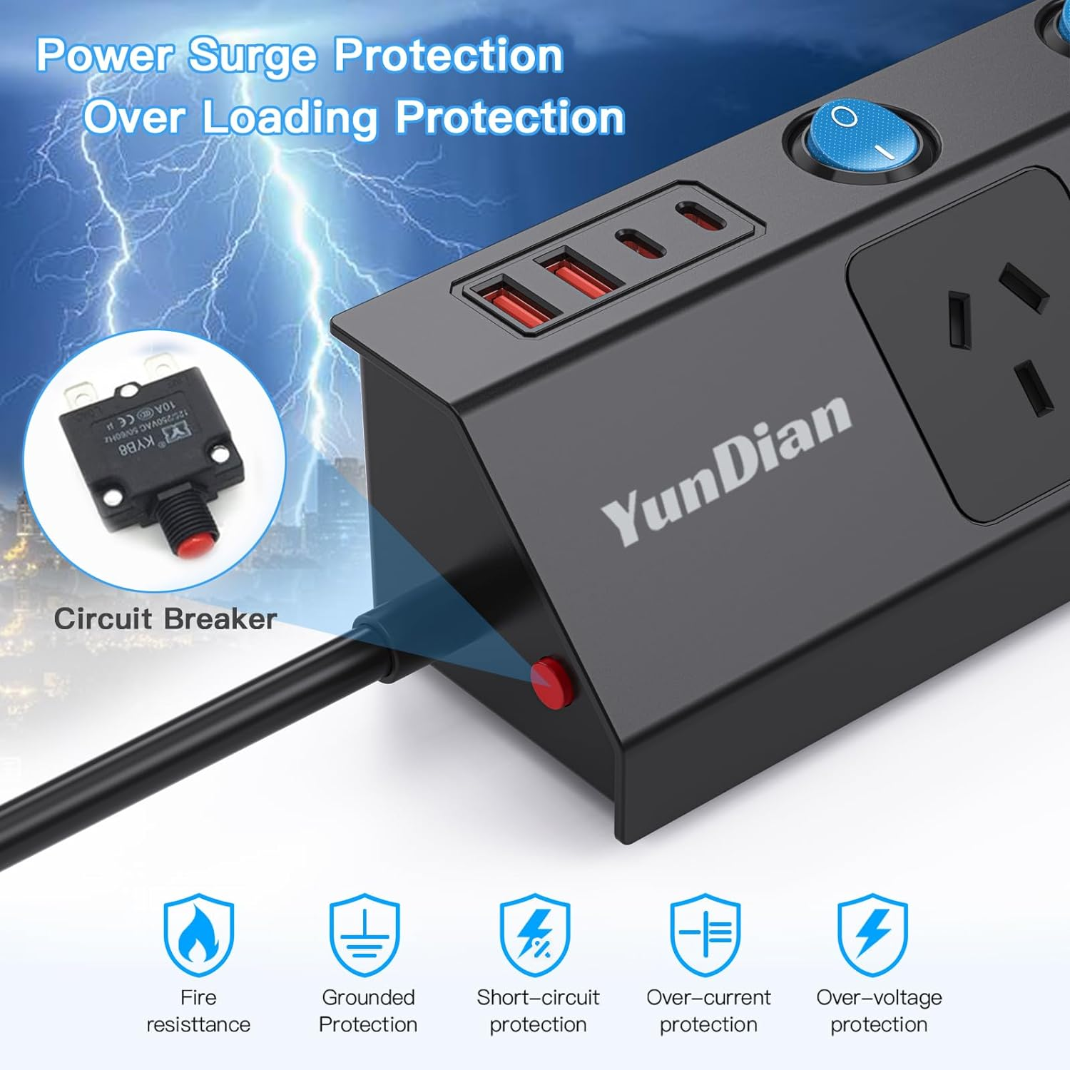 Yundian Power Strip with Individual Switches, 5 AC Outlets, 2 USB a and 2 USB C Surge Protector 2M Extension Cord, 2400W/10A, 170 Joules, USB Power Board Switch for Home and Office Use (Black) image number 5