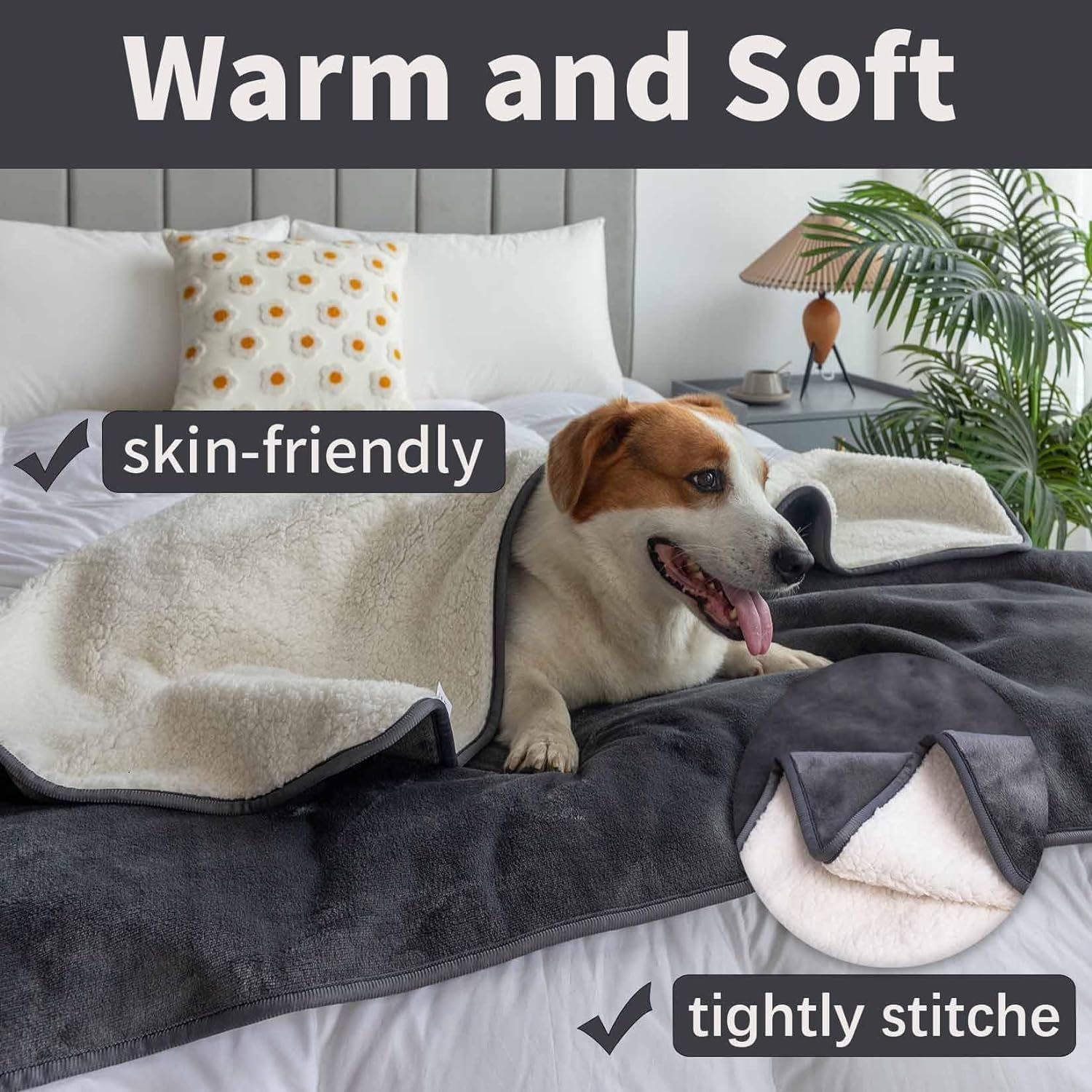 Waterproof Dog Blankets - Cat Blanket Washable for Couch Protection, 3-Layer Flannel and Sherpa Fleece Puppy Blanket, Soft Plush Reversible Throw Furniture Protector, 150 X 127 CM, Grey (150&times;127CM) image number 5