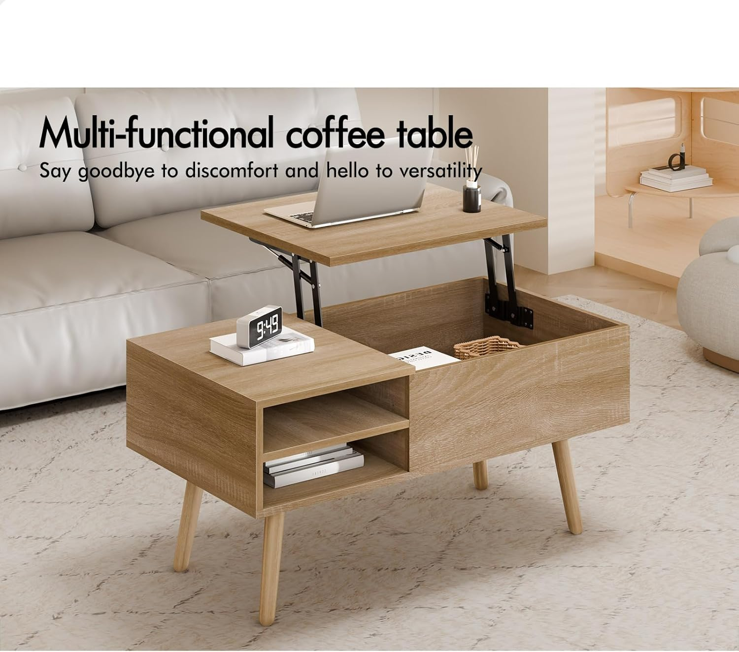 ALFORDSON Lift Top Coffee Table with Hidden Compartment and Side Open Shelves, Rising Tabletop Dining Table for Living Room Office Reception, Convertible Center Table, Wood image number 6