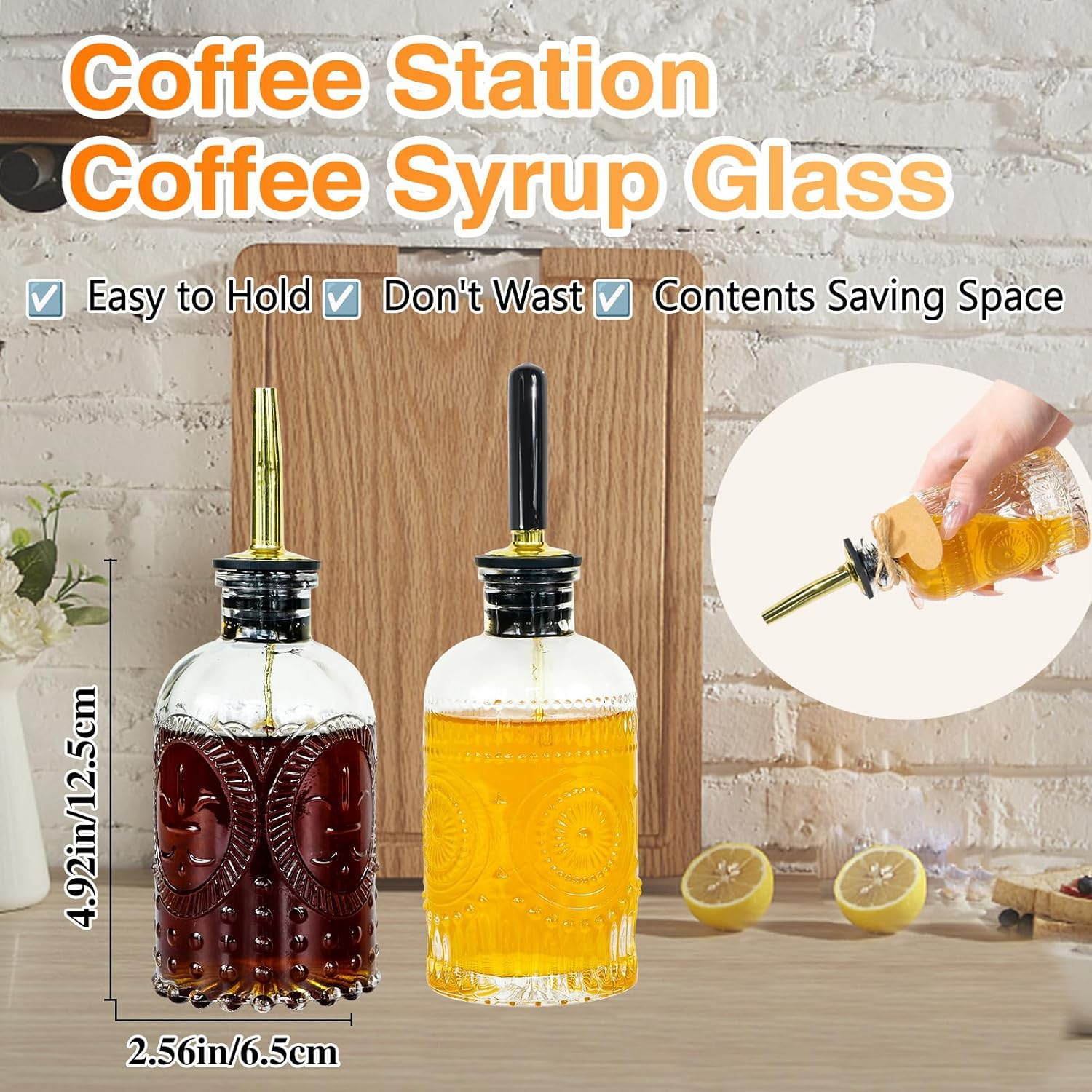 Oudizz Coffee Syrup Dispenser Set 2 Pcs - 200Ml Syrup Dispenser Glass with Metal Pour Spout for Coffee Bar - Honey Jar Honey Dispenser Refillable for Kitchen - Pack Of 4 image number 7