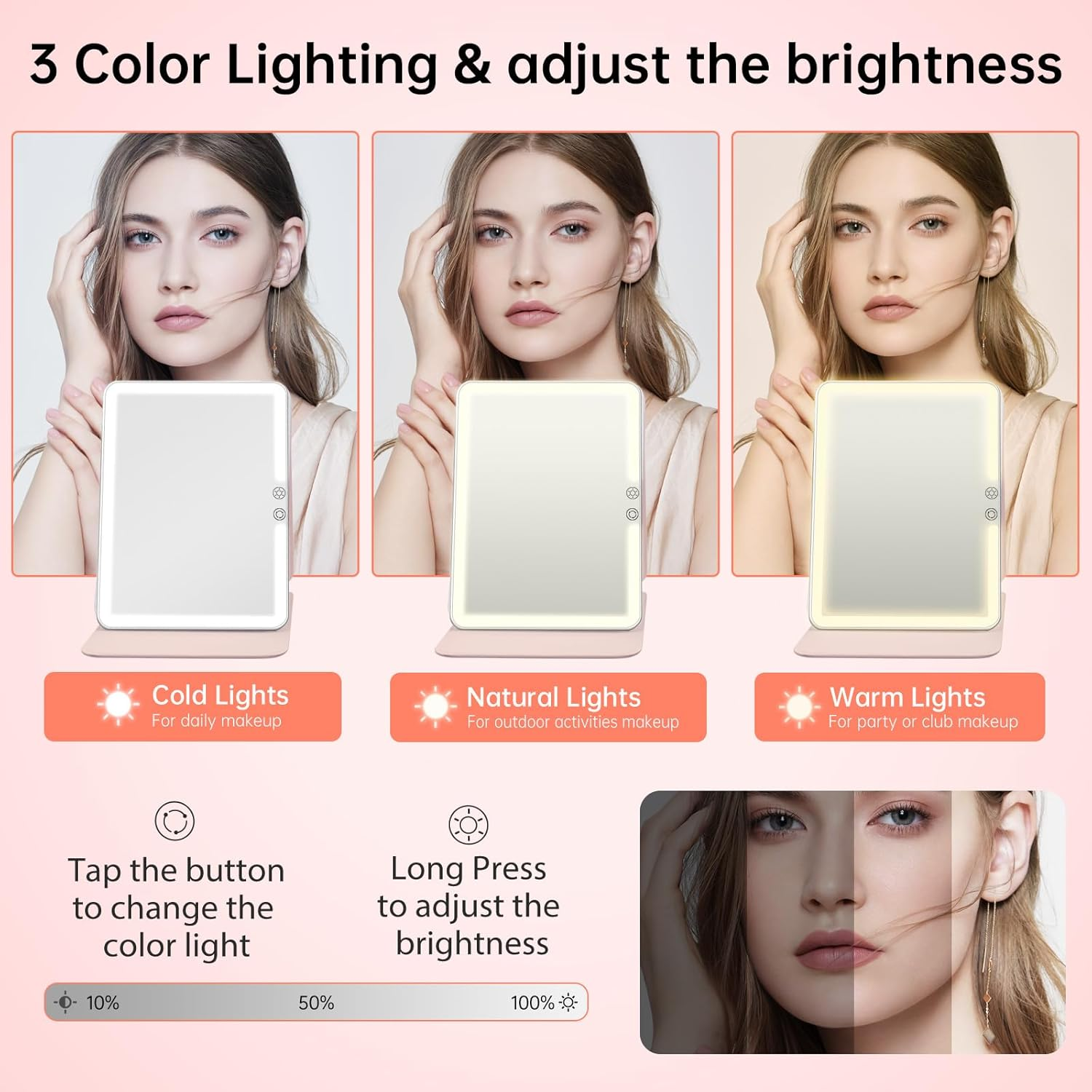 FUNTOUCH 2500Mah Large Rechargeable Travel Makeup Mirror with Lights, Portable Makeup Mirror with 10X Magnifying Mirror 3 Lighting Modes, Tabletop Folding Travel Mirror with PU Leather Cover (Pink) image number 3