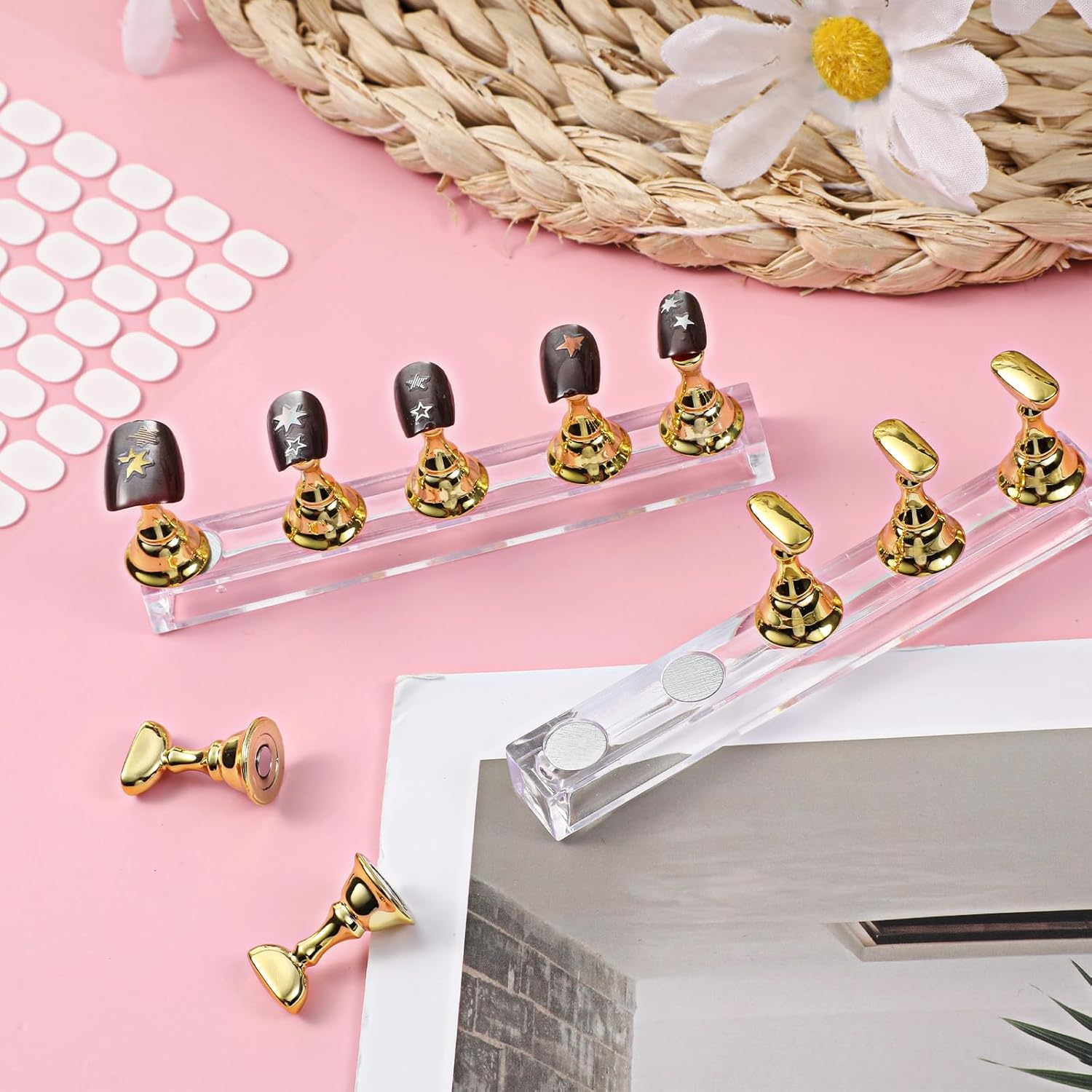 Prasacco Nail Stand, Gold Acrylic Nail Practice Stand, Magnetic Nail Holder, Nail Display Stand for Press on Nails Display with Double-Sided Tape for Manicure Tool image number 2