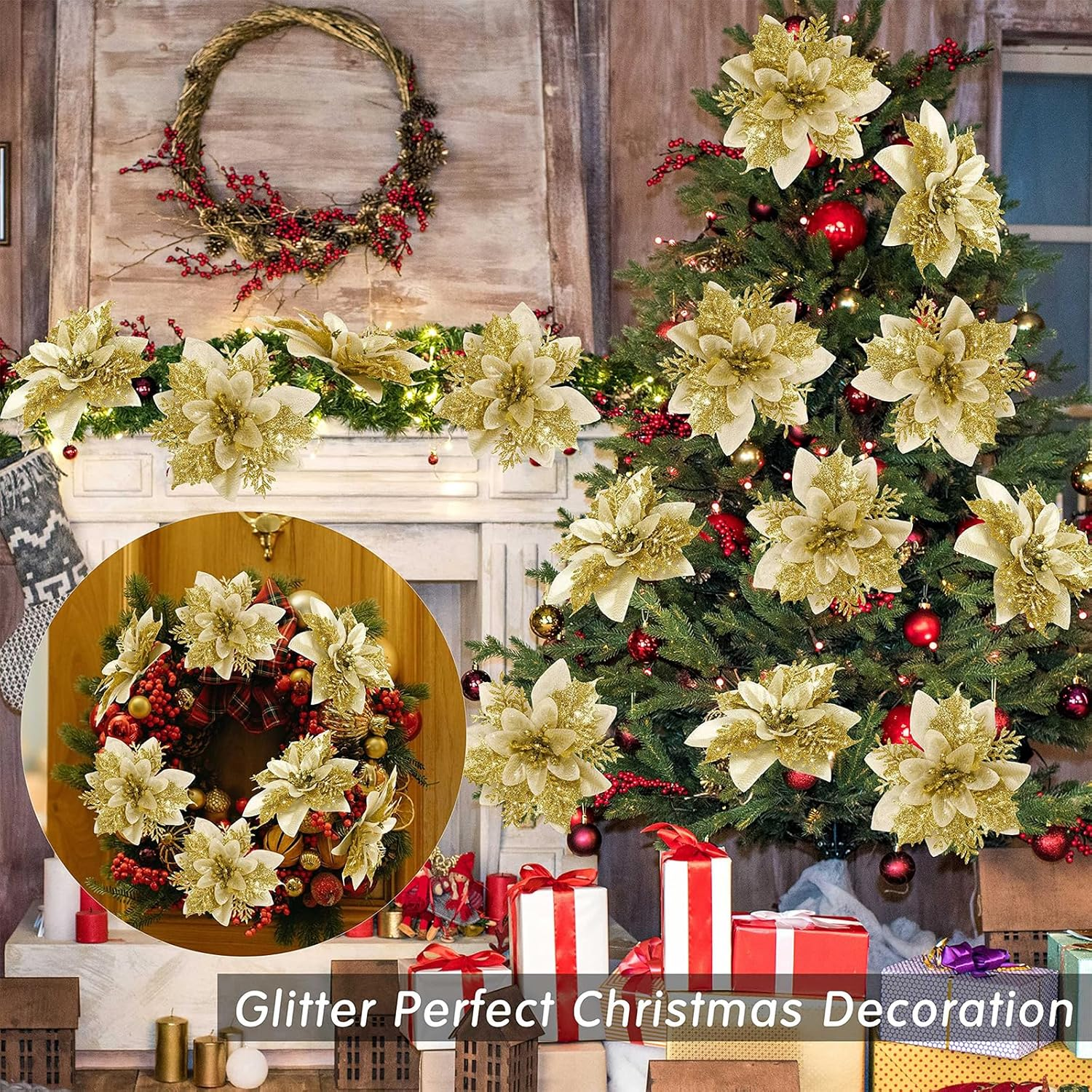 CQLITI 20PCS Artificial Poinsettia with Clips, 5M LED Light, Christmas Decor, Glitter Poinsettia, Red, Plastic, Flowers, Christmas Tree, Wreath, DIY, Xmas, Holiday, Home, Party Decor image number 4