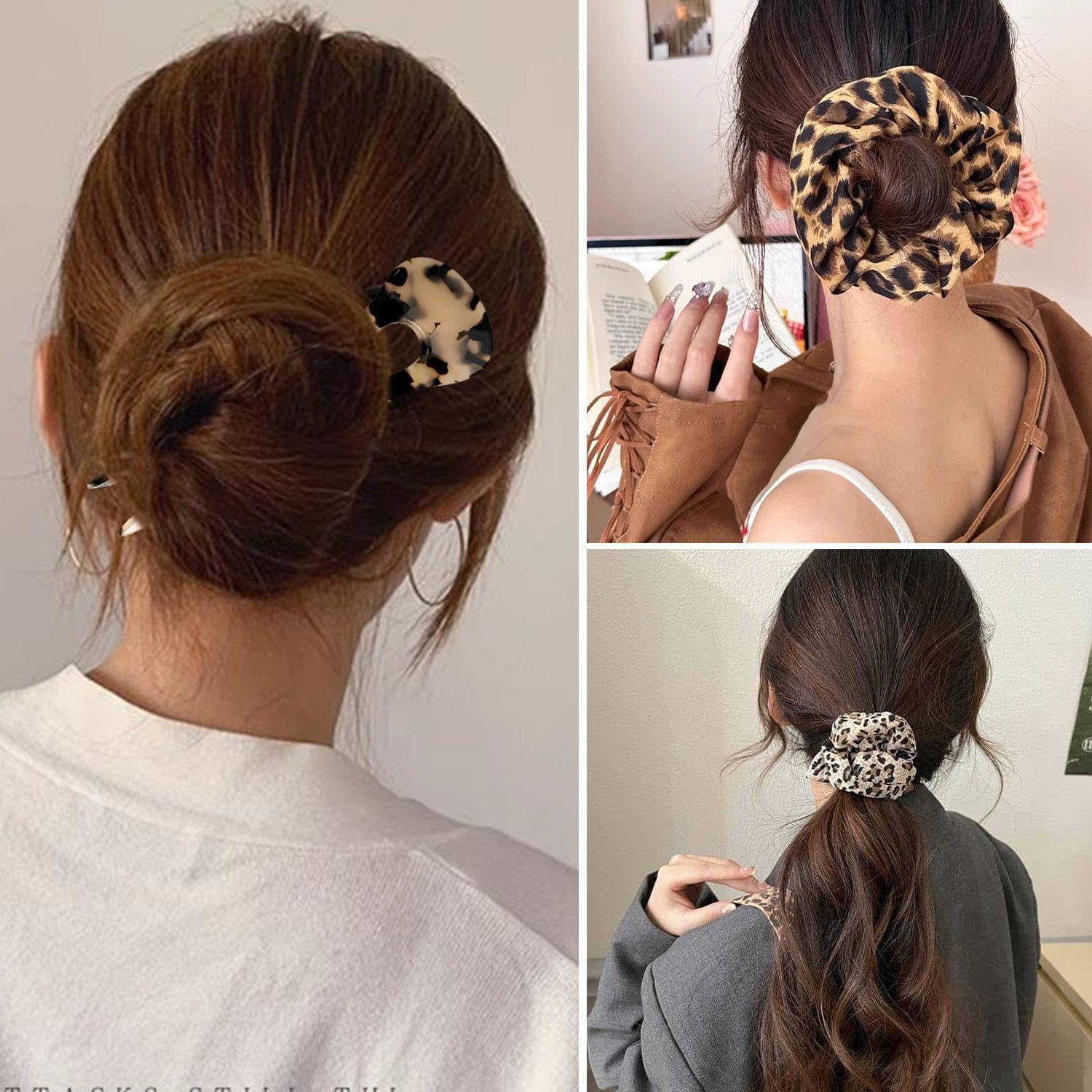 Pack of 5 U-Shaped Hair Pins, 2 Pieces Large Intestine Hair Bands with Leopard Print, Simple and Fashionable French Hair Pins, Women'S Bun Hair Fixing Decoration image number 2