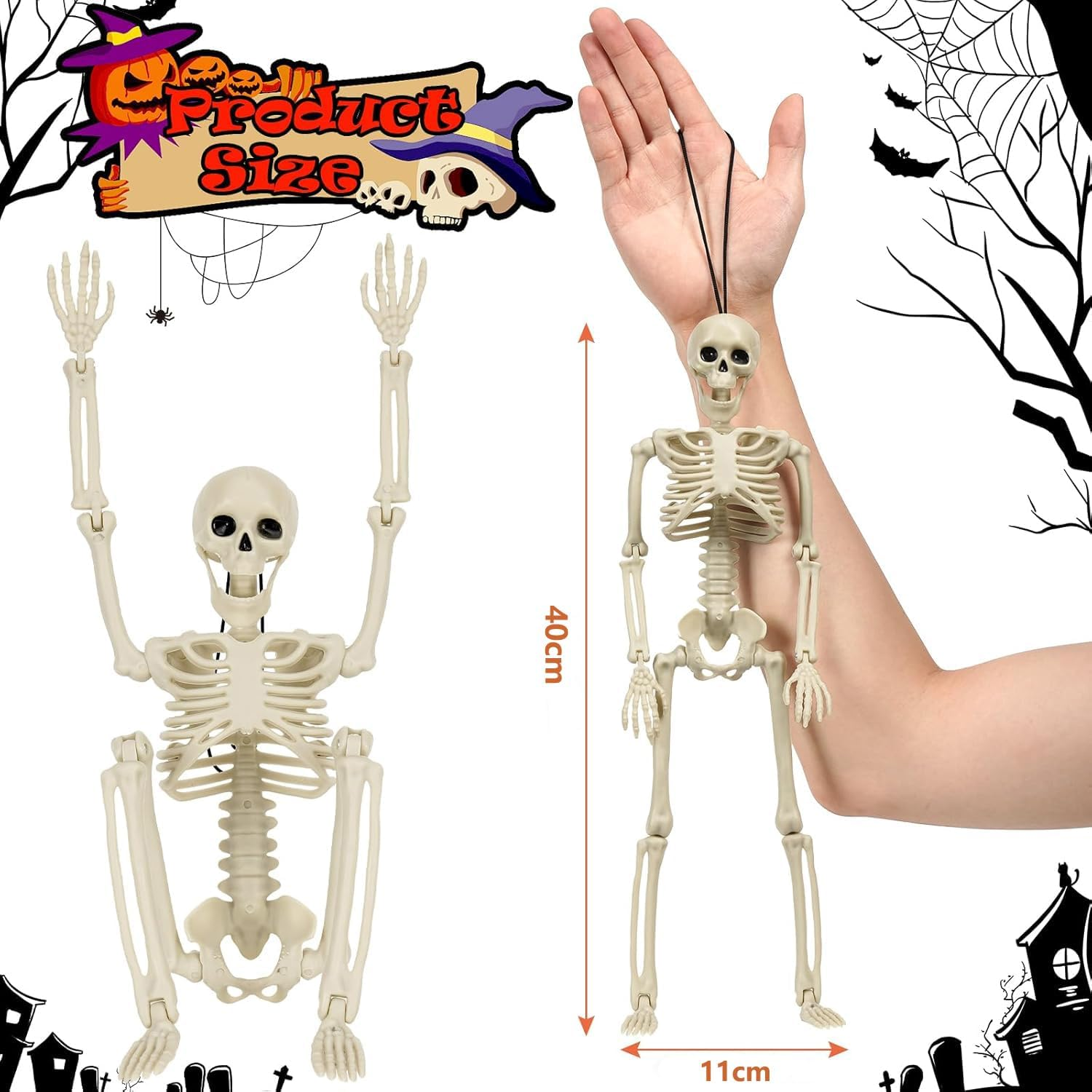 Halloween Skeletons Decorations, 40Cm Posable Plastic Skeleton 6 Packs, Full Body Skeleton Bulk with Movable Joints, Realistic Spooky Scary Skeletons for Yard, Lawn,Halloween Party Haunted House
