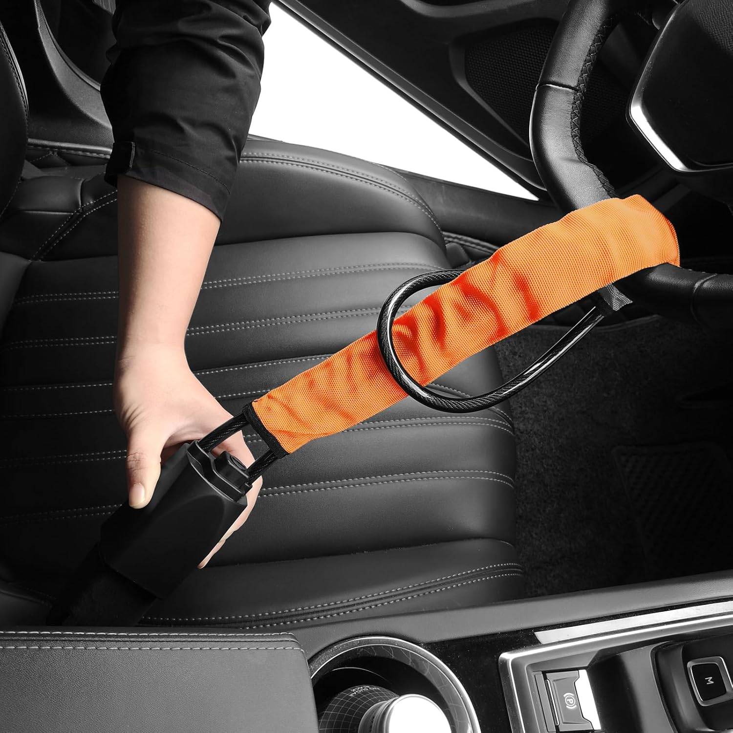 Auto Security Lock, Steering Wheel Lock Car Lock Rope with 3 Keys, Anti-Theft Car Seat Belt Lock, Orange image number 4