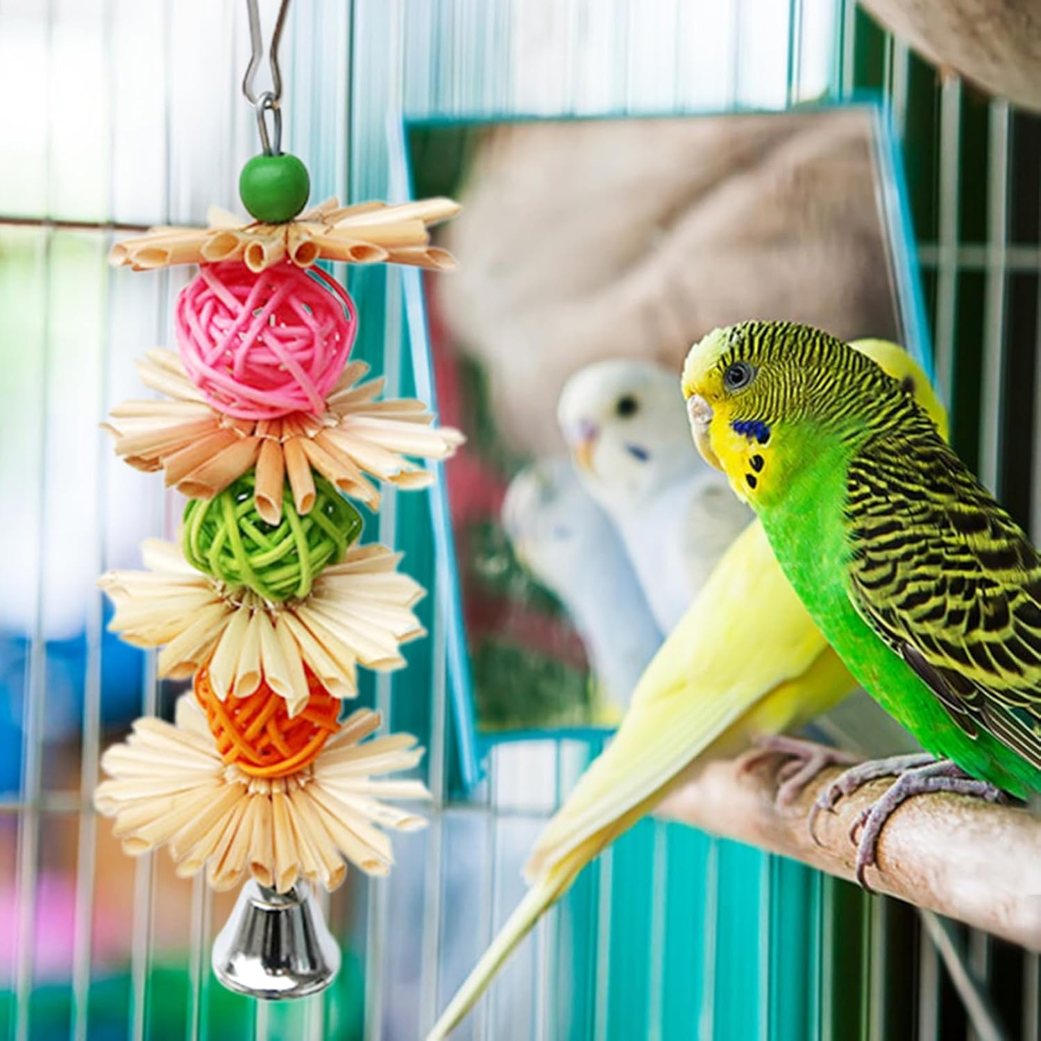 Parrot Feeding Toys - Small Parrot Toys, Cockatiel Toys, Colorful Cockatiels with Metal Hooks, Attach to Places Easy to Install in Seconds Disconnect Toy, Bird Cage Decor Various Bird Eaves