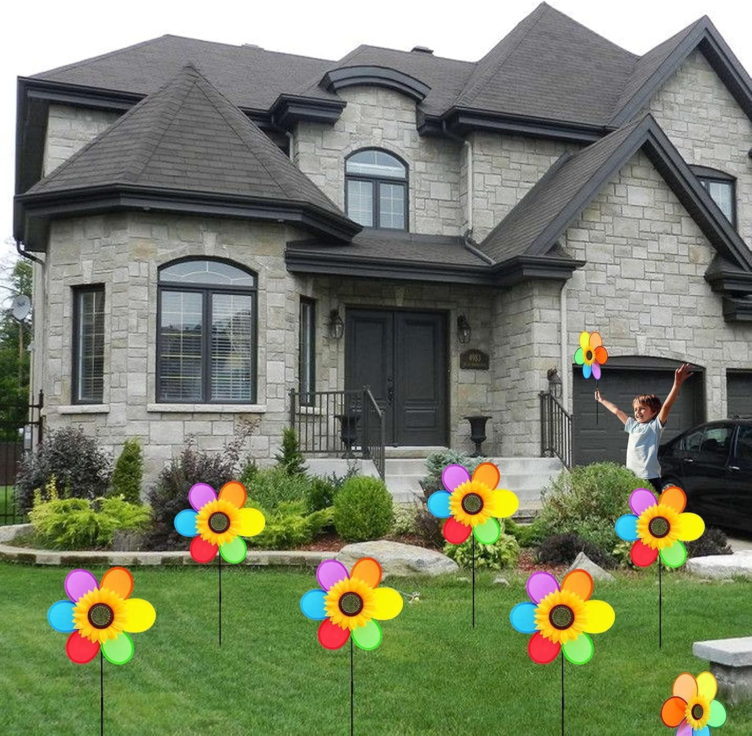 Sunflower Pinwheels Outdoor Wind Spinners Yard Garden, Lawn Pinwheels Bulk Wind Toys for Kids, Colorful Flower Windmill Decorative Pinwheel (3PCS)