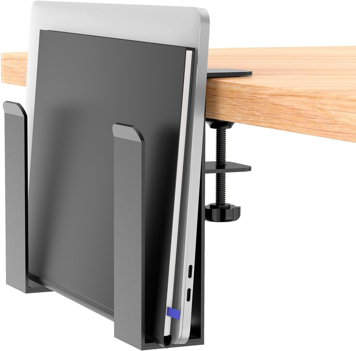 Adjustable Desk Side Laptop Mount, XICEN No Drill Desk Side Storage Organizer, Metal Hanging Notebooks Desk Holder Punch-Free Clamp on for Macbook Pro, Documents with Anti-Scratch Silicone (Black-B) image number 4