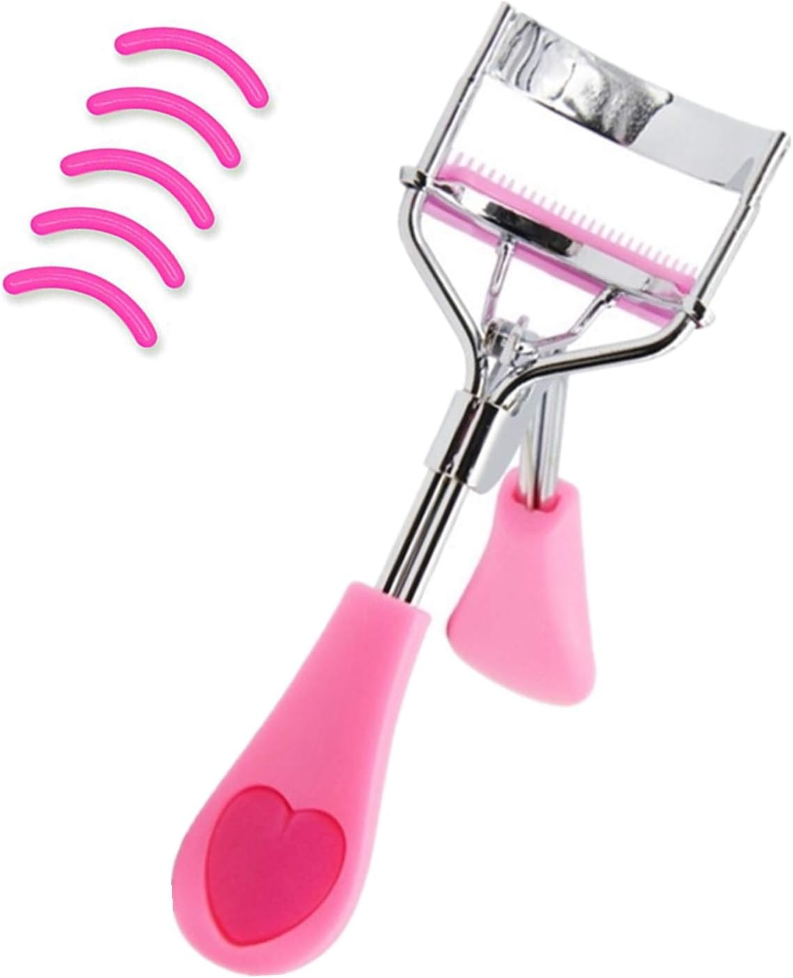 Stainless Steel Eyelash Curler with Built-In Comb Pinch Pain-Free Suitable for Any Eye Shapes and Sizes, with 5 Silicone Refill Pads (Black&Peach Heart)