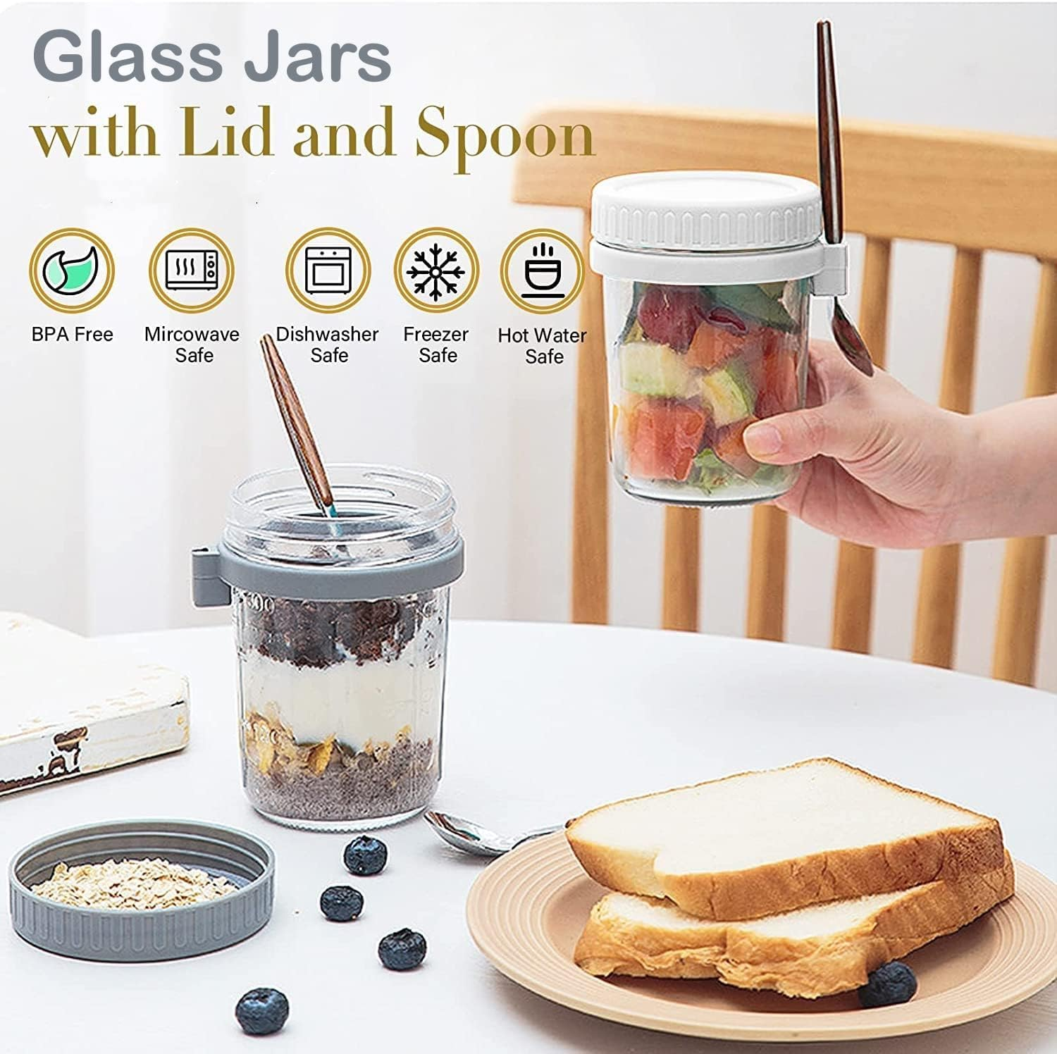 HJB VISSO Glass Jars, Overnight Oats Container with Lid and Spoon [4 Pack], Overnight Oats Jars, 350Ml / 10 Oz Cereal, Milk, Vegetable and Fruit Salad Storage Container with Measurement Marks image number 2
