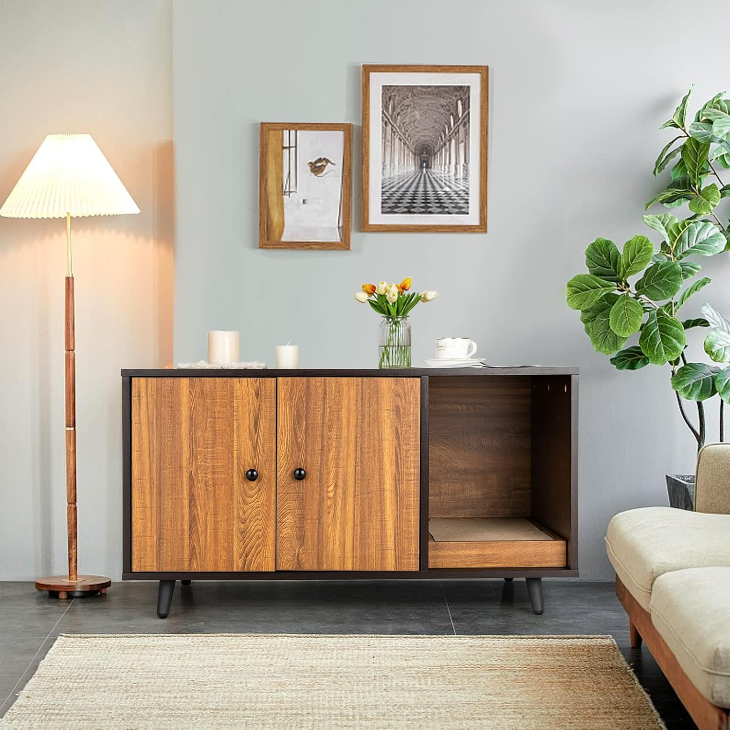 Costway Wooden Cat Litter Box Enclosure Bench, Hidden Cat Box Cabinet Furniture W/Doors, Removable Scratch Box, Water & Scratch-Proof, Walnut Cat Washroom House End Table for Indoor image number 1