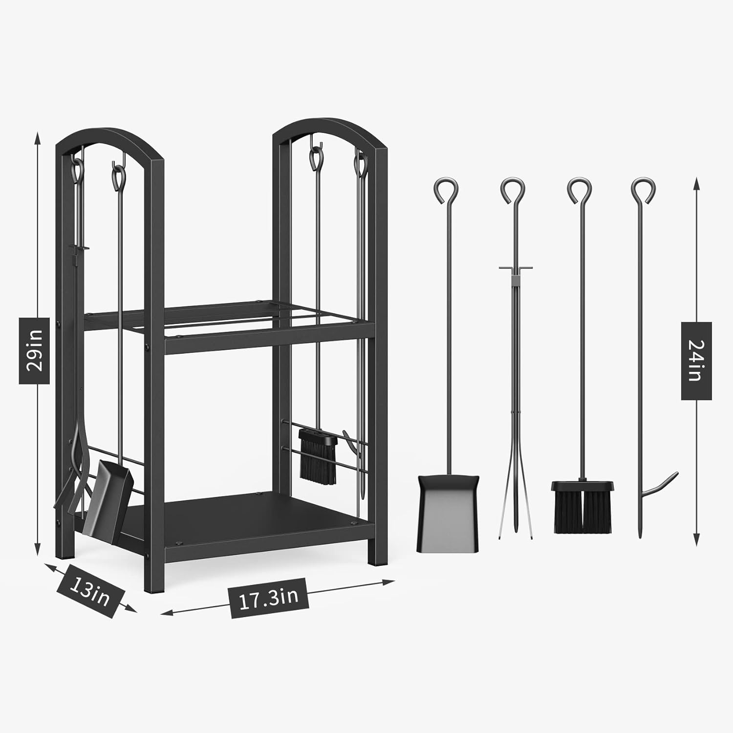 Mr IRONSTONE Firewood Rack with Fireplace Tools Set, Fireplace Tool Rack for Indoor Outdoor Fire Log Holder Wrought Iron Large Wood Stove with Firepit Tools, Brush, Shovel, Poker, Tongs, Black image number 5