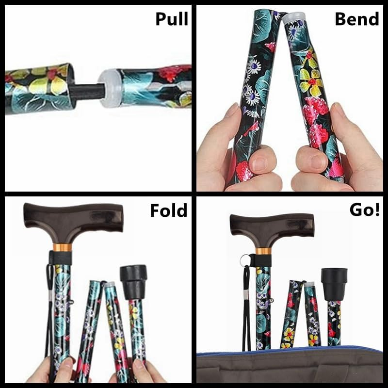 Foldable Walking Cane, 5 Level Height Adjustable with Smooth Wood Handle, Portable Collapsible Cane for Seniors, Black image number 1